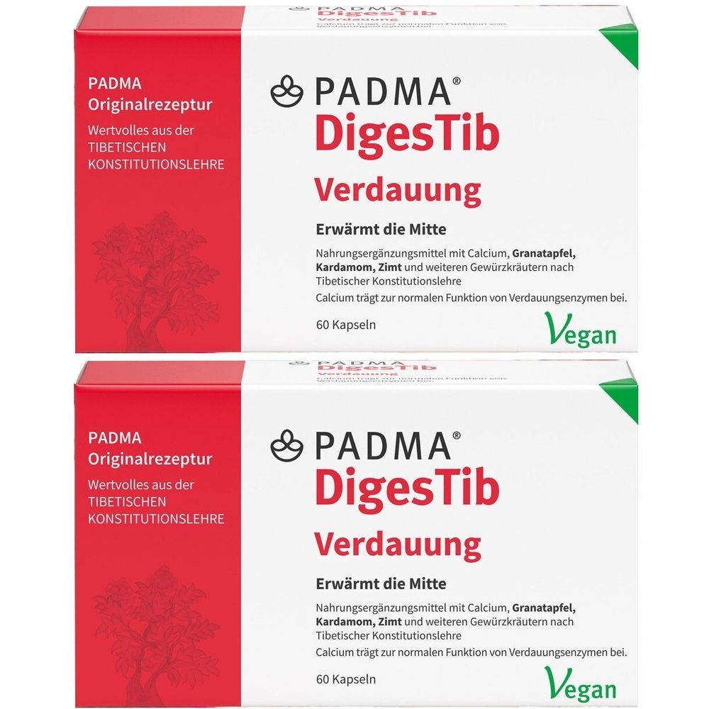 Zwei Schachteln PADMA DigesTib Verdauung. Weiße Schachteln mit roter und grüner Schrift. Enthält 60 Kapseln. Vegan.