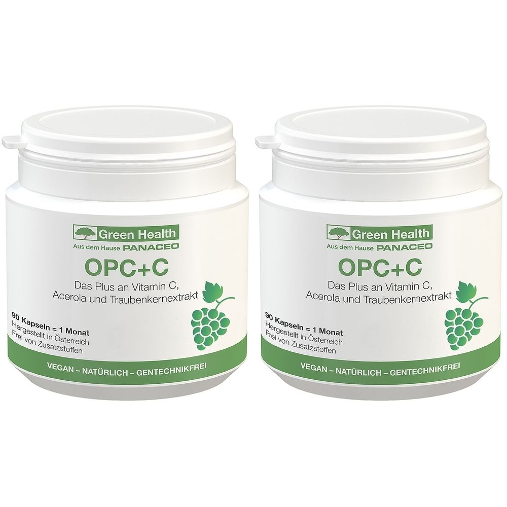 Zwei weiße Behälter mit Deckel. Aufschrift: Green Health OPC+C, Das Plus an Vitamin C, Acerola und Traubenkernextrakt. Vegan.