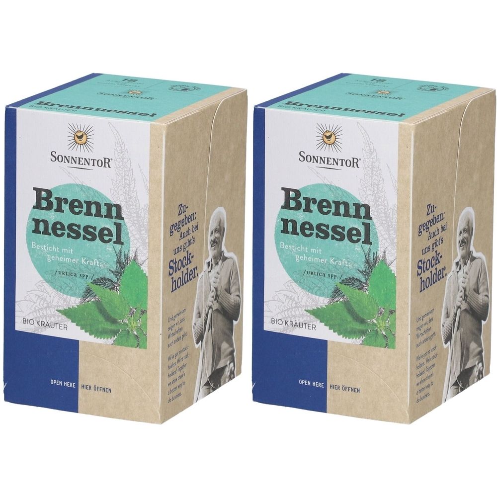 Zwei Kartons mit SonnentoR Bio Brennesseltee. Aufschrift: Brennessel, Bio Kräuter. Abbildung von Brennnesselblättern und Mann.