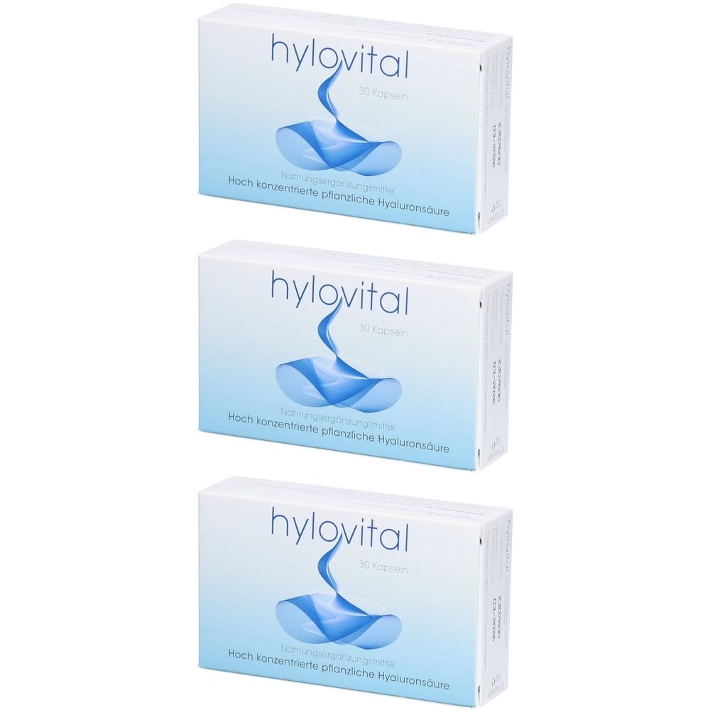 Drei weiße Schachteln mit dem Produktnamen „hylovital“. Auf jeder Schachtel befindet sich ein blaues Design und Text in deutscher Sprache.