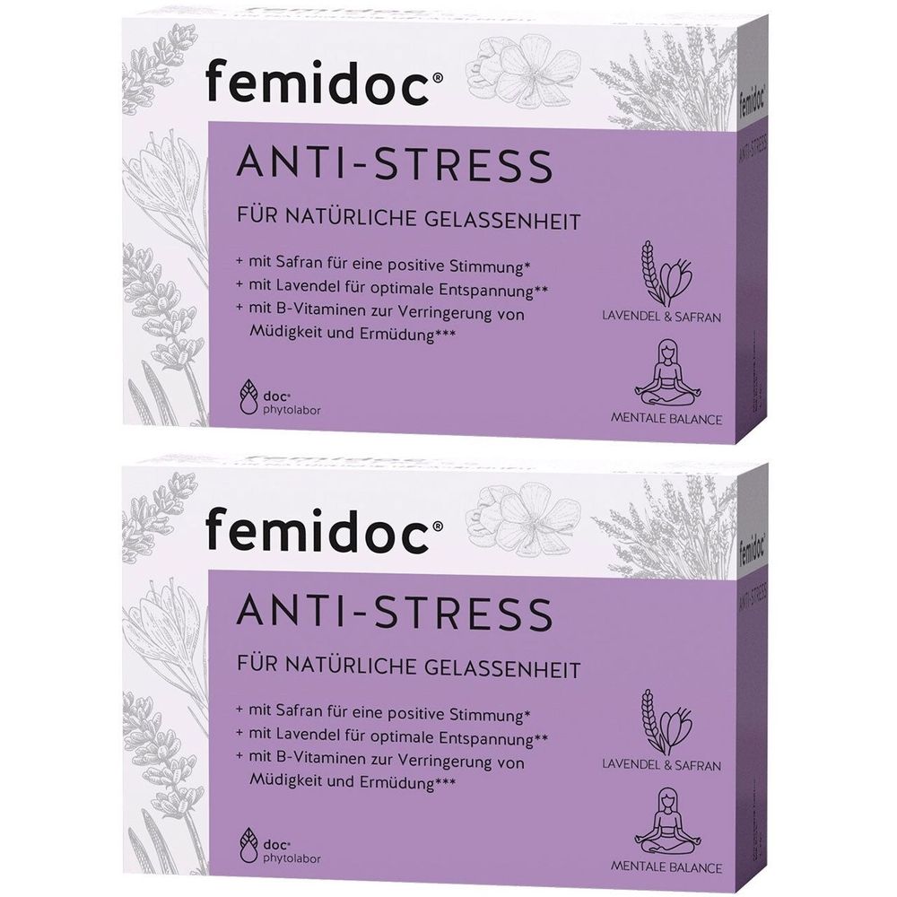 Zwei Packungen femidoc® Anti-Stress. Lila Verpackung mit Produktnamen, Inhaltsstoffen und Logo. Lavendel- und Safran-Illustrationen.