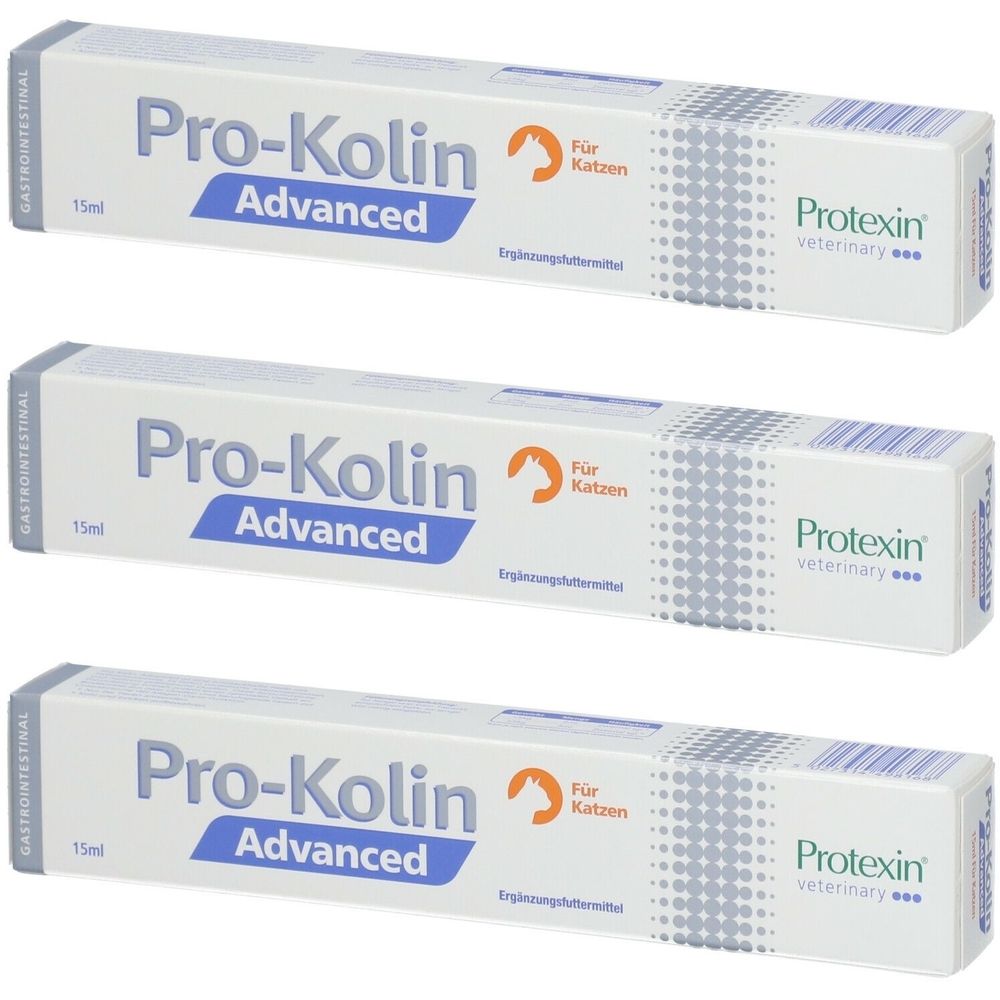 Drei Schachteln Pro-Kolin Advanced. Weiß, mit blauem Schriftzug und Logo. Text: Für Katzen, Protexin veterinary.
