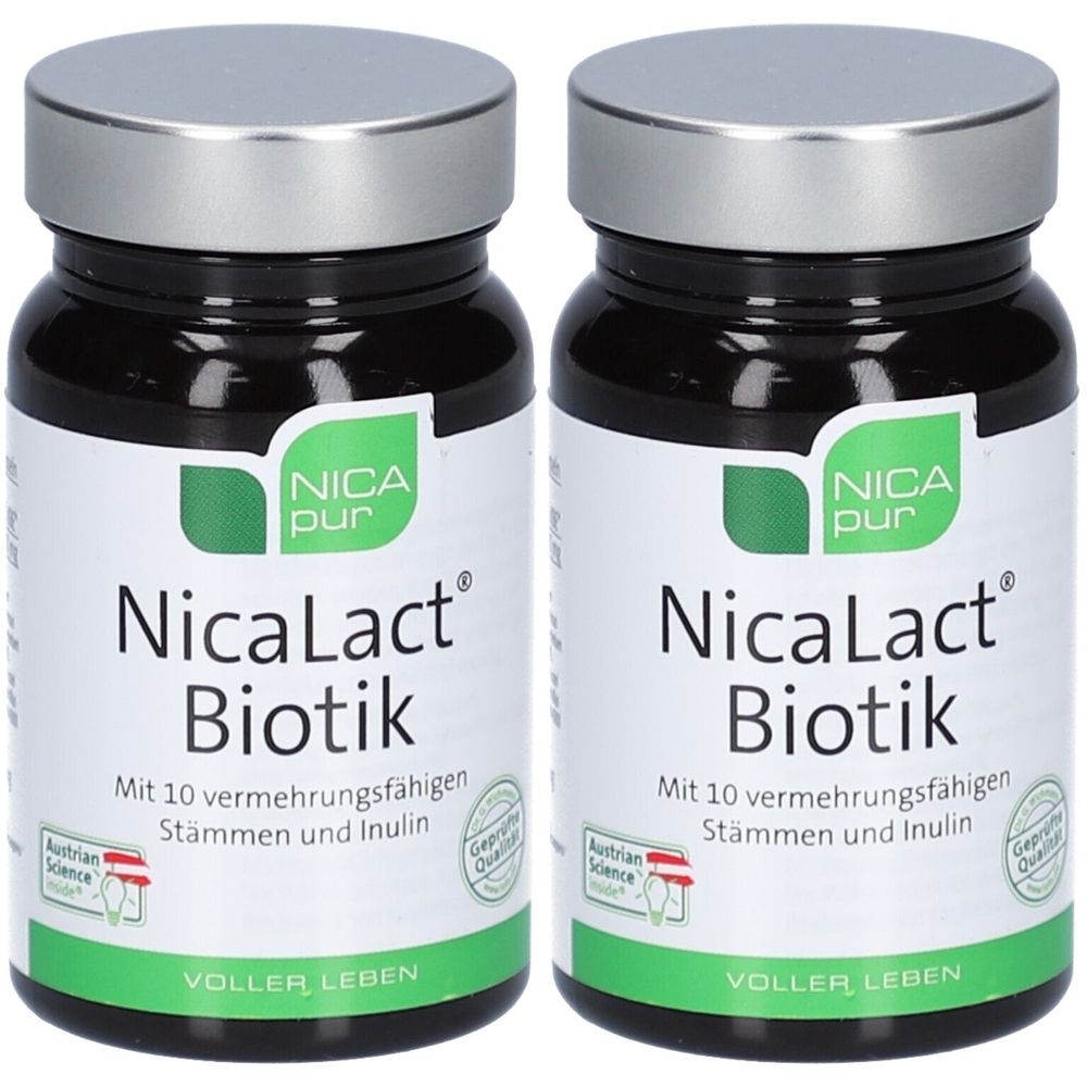 Zwei Flaschen NicaLact Biotik. Schwarze Flaschen mit silbernen Deckeln und weißen Etiketten. Aufschrift: NICApur, NicaLact Biotik.