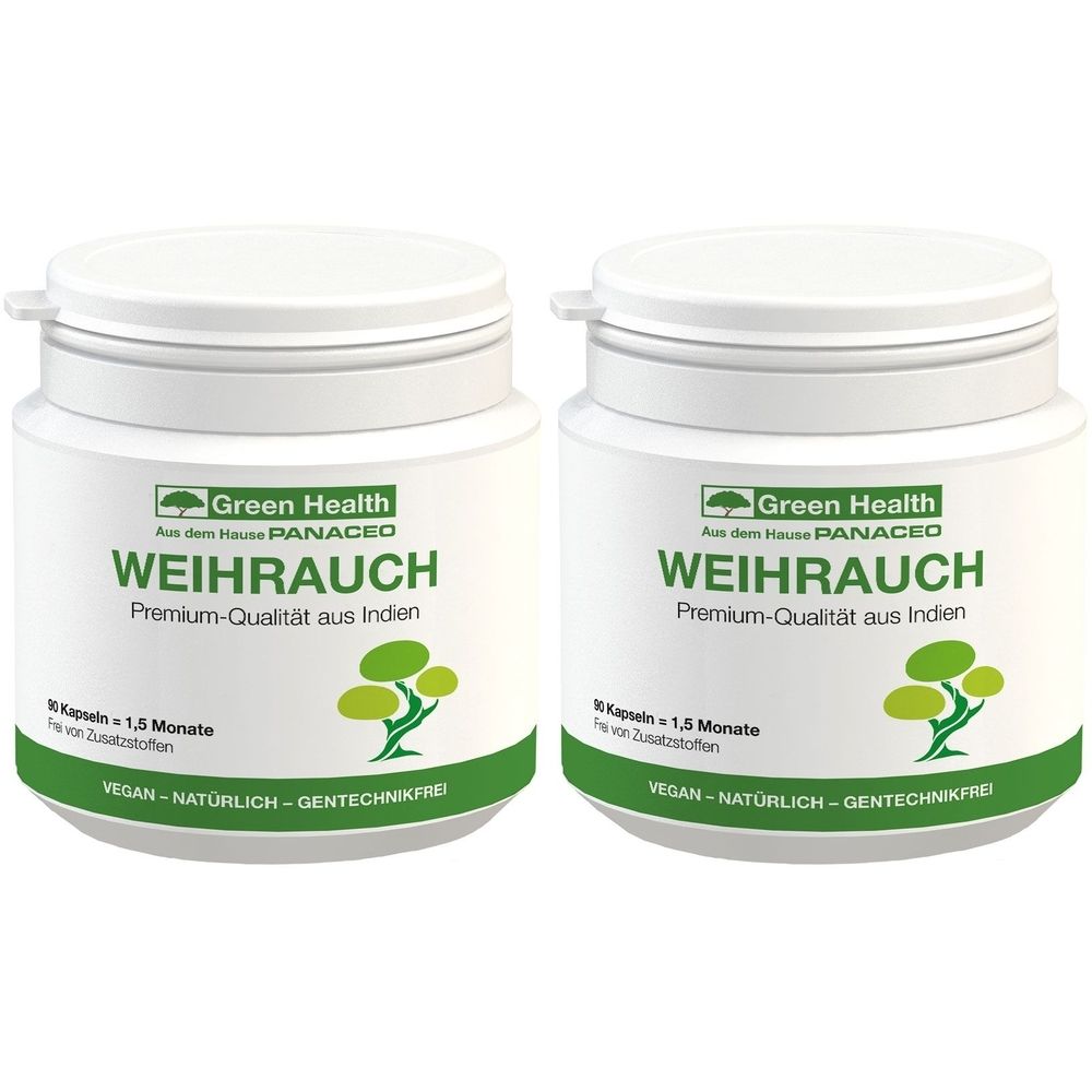 Zwei weiße Behälter mit Deckel. Aufschrift: Green Health WEIHRAUCH, Premium-Qualität aus Indien. Vegan, natürlich, gentechnikfrei.