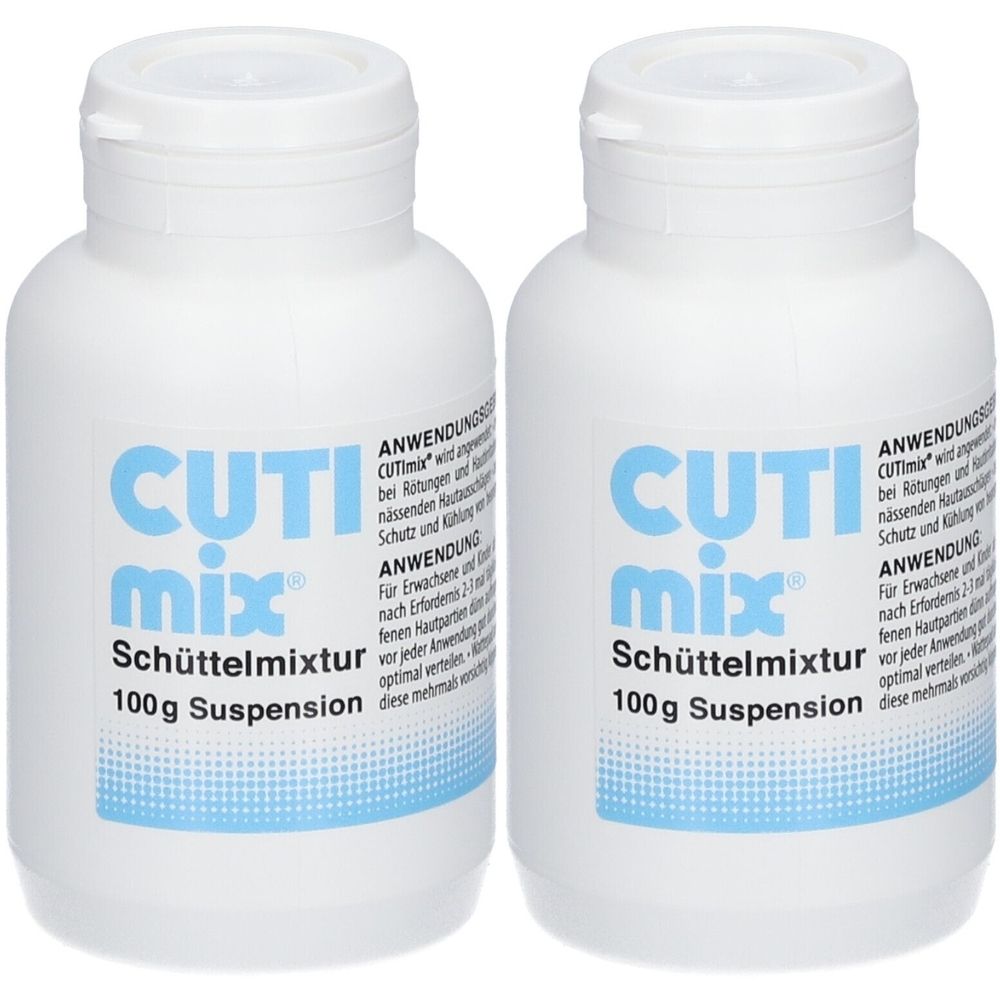 Zwei weiße Flaschen mit blauem Etikett. Aufschrift: CUTI mix Schüttelmixtur, 100g Suspension. Weiße Deckel.