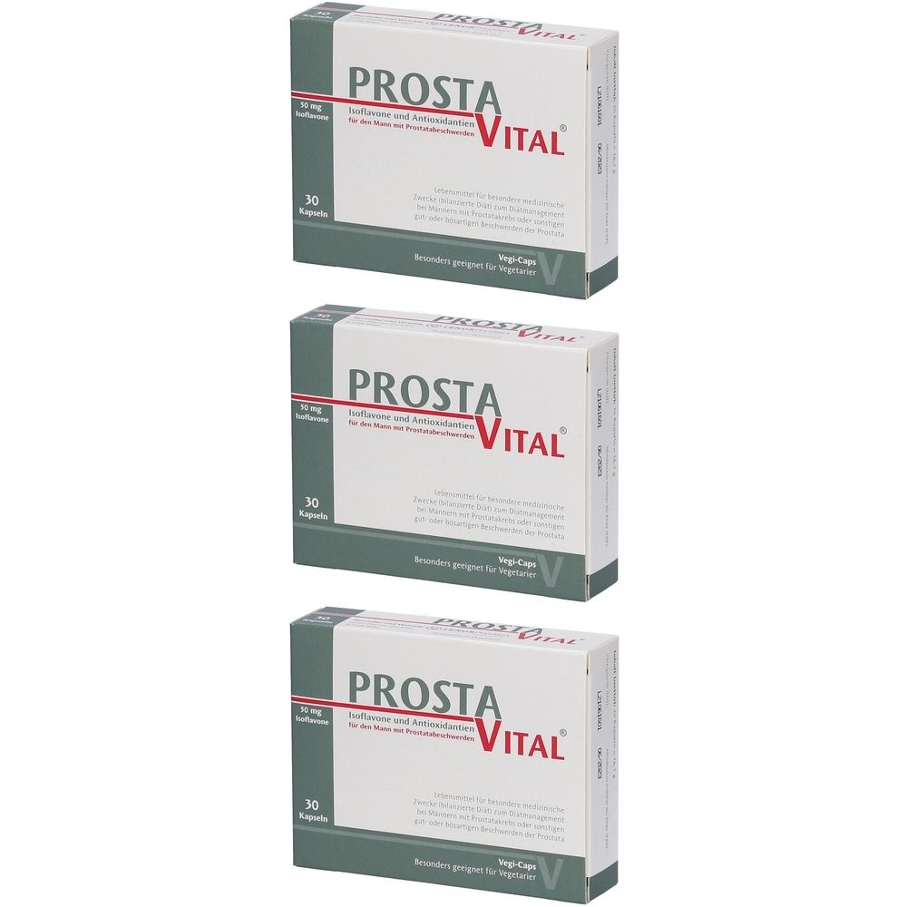 Drei Schachteln Prosta Vital. Weiße Verpackung mit grünen Akzenten. Aufschrift Prosta Vital. 30 Kapseln. V-Logo.