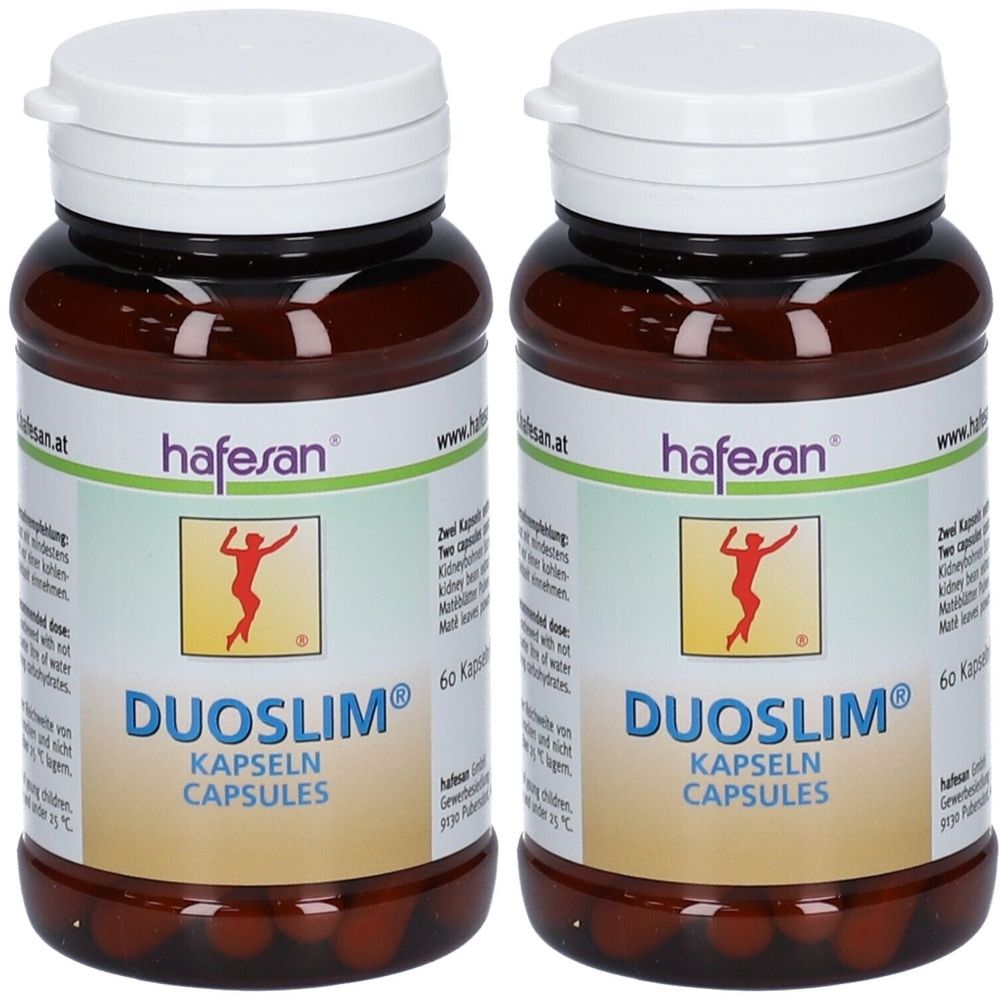 Zwei braune Pillendosen mit weißen Deckeln. Aufschrift: hafesan DUOSLIM KAPSELN CAPSULES. Logo: Frau in Bewegung.