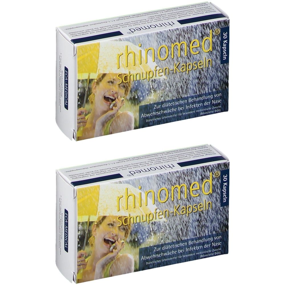 Zwei Schachteln Rhinomed Schnupfen-Kapseln. Aufdruck: Rhinomed, Schnupfen-Kapseln, 30 Kapseln. Abbildung einer Frau unter einem Regenschirm.