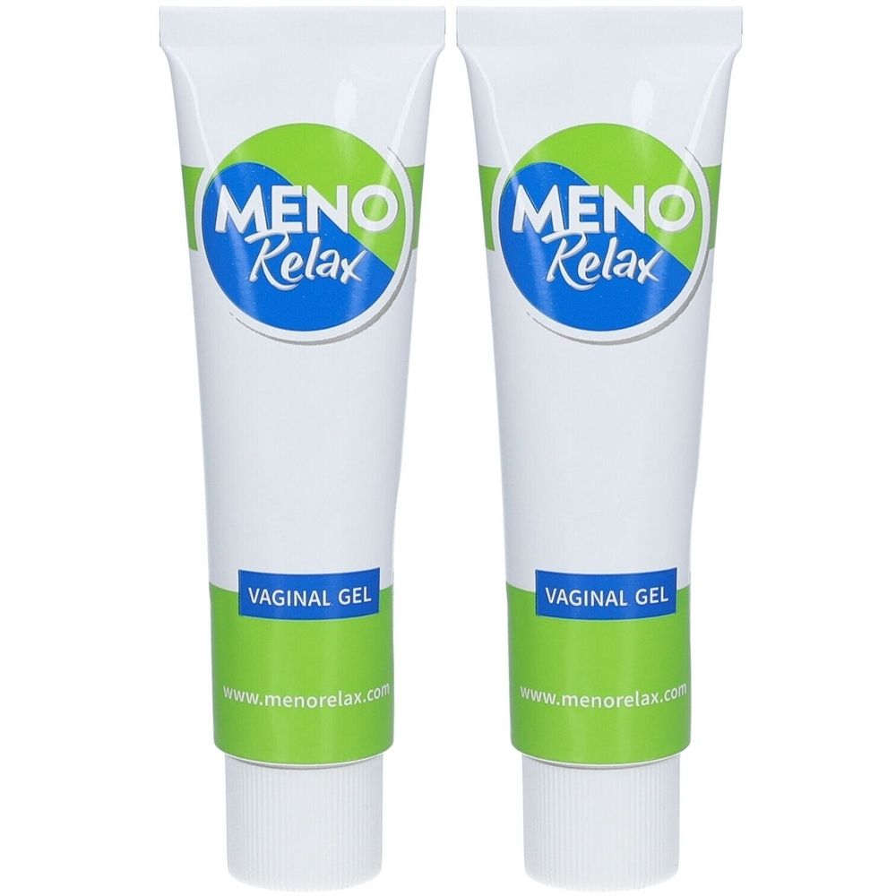 Zwei Tuben mit weißem Hintergrund. Auf jeder Tube steht „MENO Relax“ und „Vaginal Gel“. Die Website ist sichtbar.