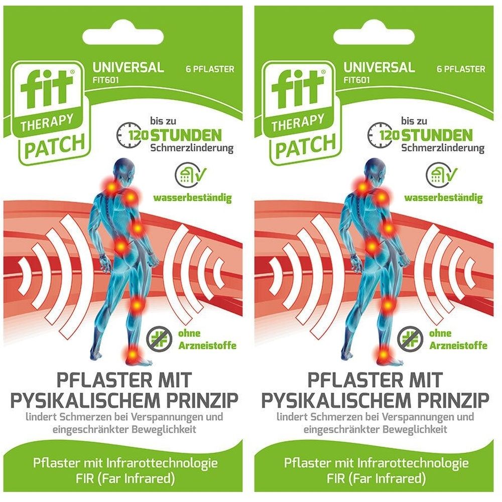 Verpackung mit zwei UNIVERSAL fit® Therapy Patch. Aufdrucke: THERAPY PATCH, 6 Pflaster, bis zu 120 Stunden Schmerzlinderung, wasserbeständig.