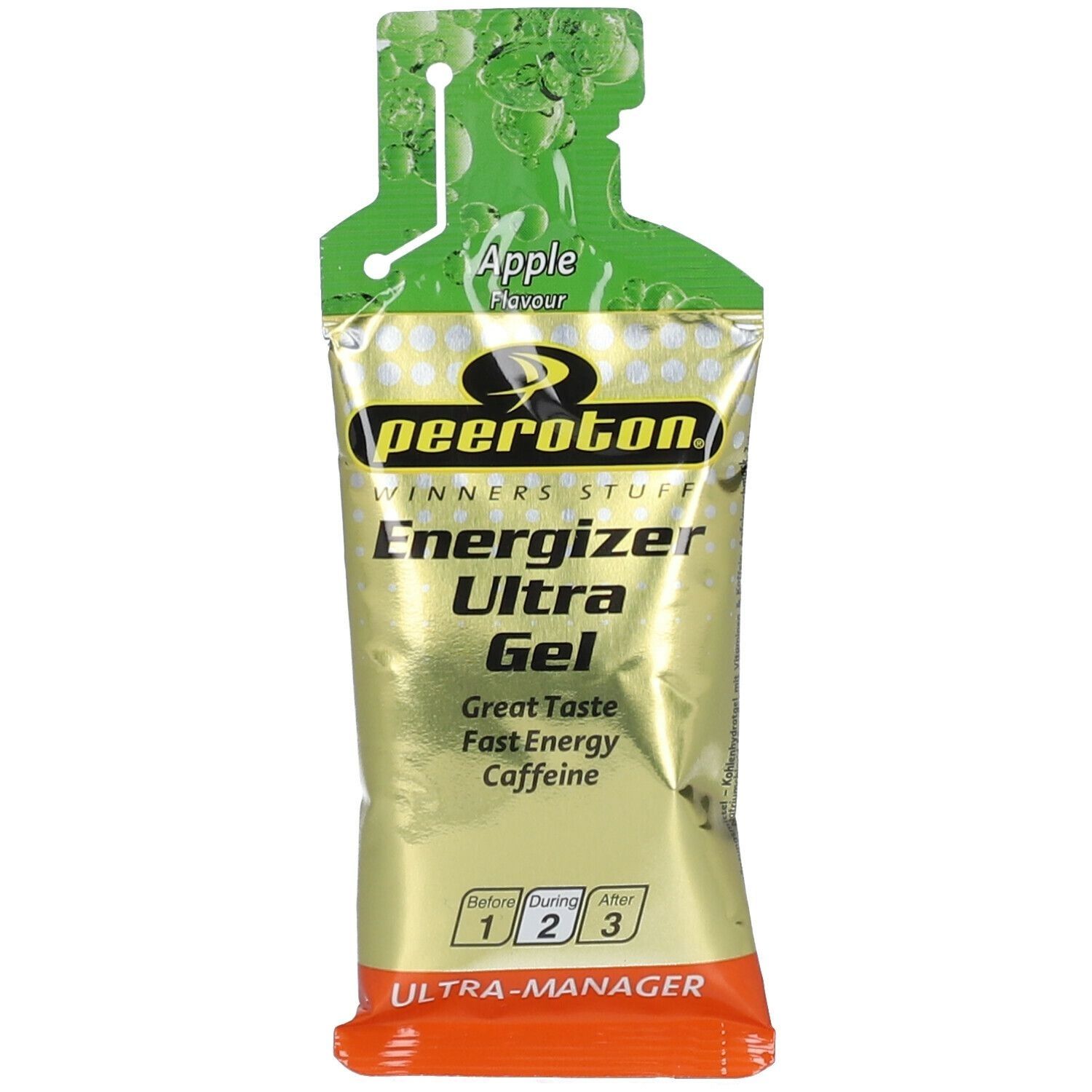 Gel-Beutel mit Apfel-Geschmack. Goldfarbene Verpackung mit Schriftzug "Energizer Ultra Gel" und "Caffeine".