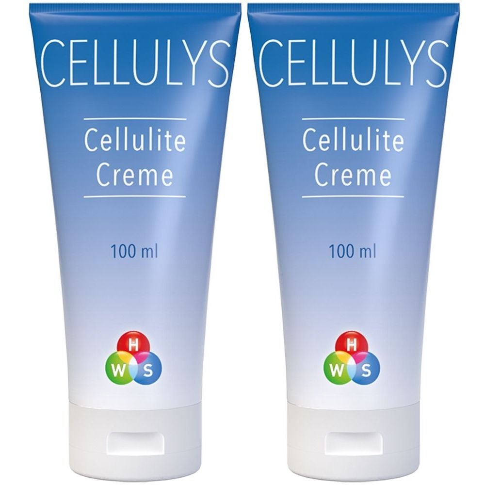 Zwei Tuben CELLULYS Cellulite Creme. Blaue Tuben mit weißer Schrift. Logo mit drei farbigen Kreisen. Unten steht 100 ml.