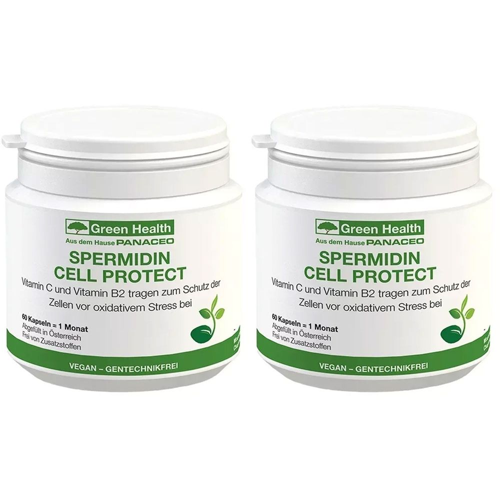 Zwei weiße Dosen mit grünem Etikett. Aufschrift: SPERMIDIN CELL PROTECT. Vegan, gentechnikfrei. Marke: Green Health.
