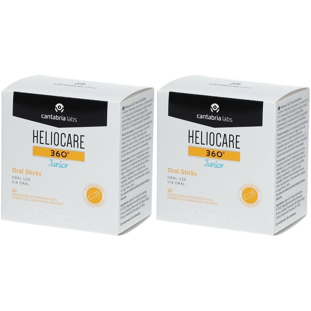 Zwei weiße Kartons mit der Aufschrift HELIOCARE 360° Junior. Aufschrift: Oral Sticks. Gelbes Rechteck mit Text.