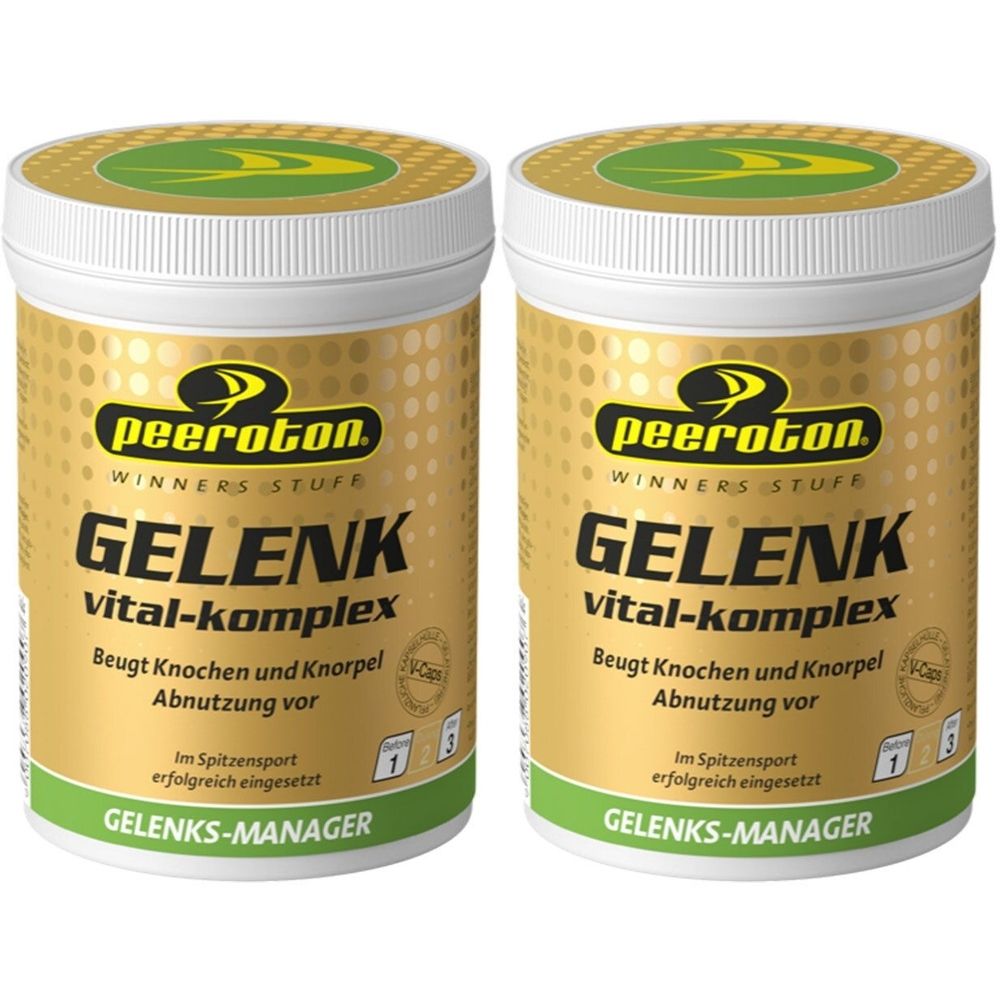 Zwei goldfarbene Dosen mit weißem Deckel. Aufschrift: peeroton, GELENK vital-komplex. Text: Beugt Knochen und Knorpel Abnutzung vor.