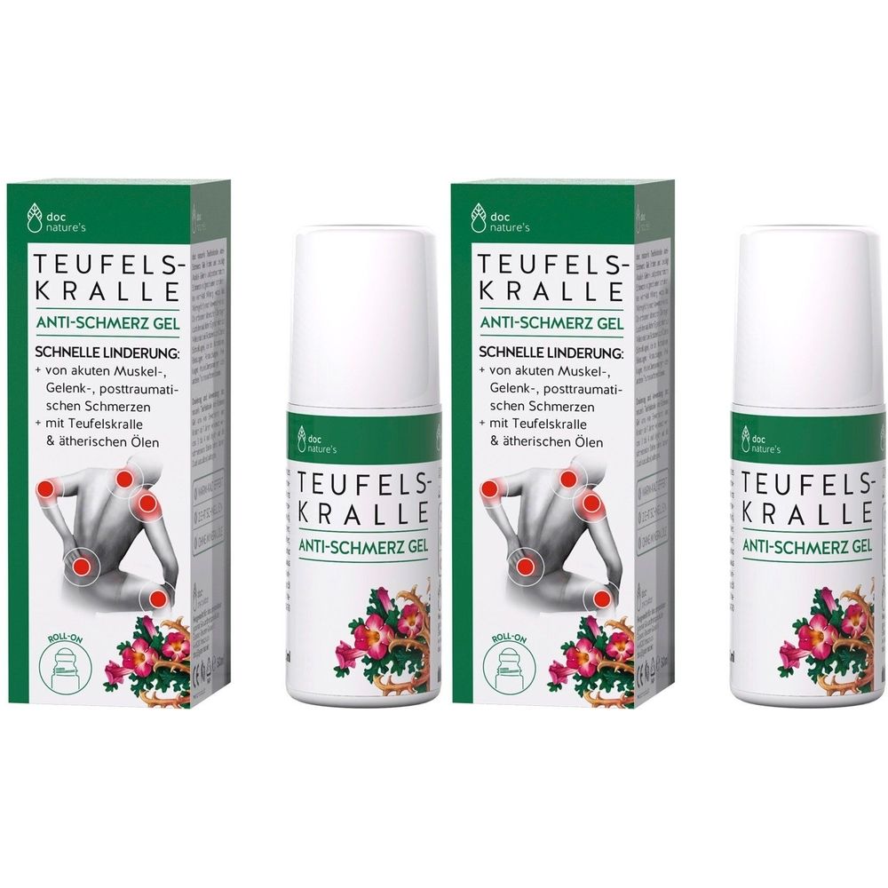 Drei Roll-ons und zwei Schachteln. Aufschrift: Teufelskralle Anti-Schmerz Gel. Abbildung eines Rückens mit Schmerzpunkten.