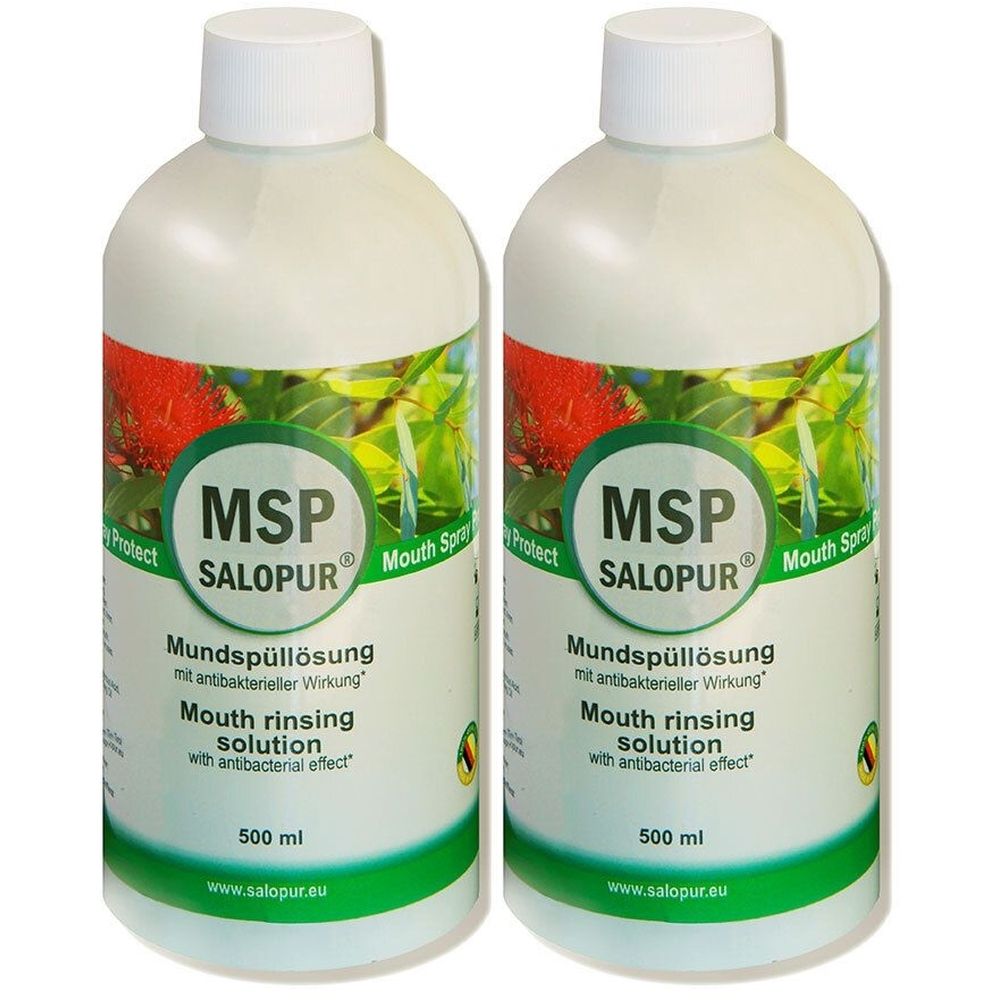 Zwei Flaschen MSP SALOPUR Mundspüllösung. Weiße Flaschen mit grünen und roten Etiketten. Text: Mundspüllösung, 500 ml, mit antibakterieller Wirkung.