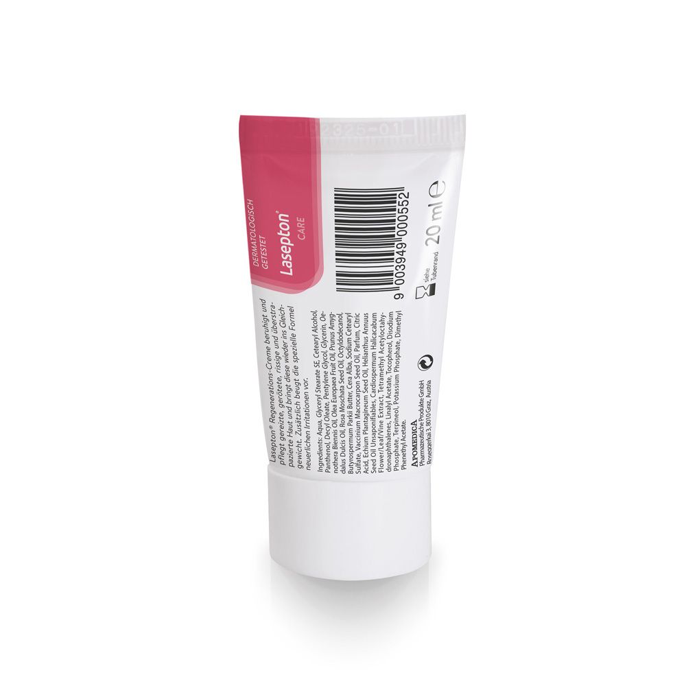 Rückseite einer Tube Lasepton® REGENERATIONS-CREME mit Produktinformationen und Barcode.