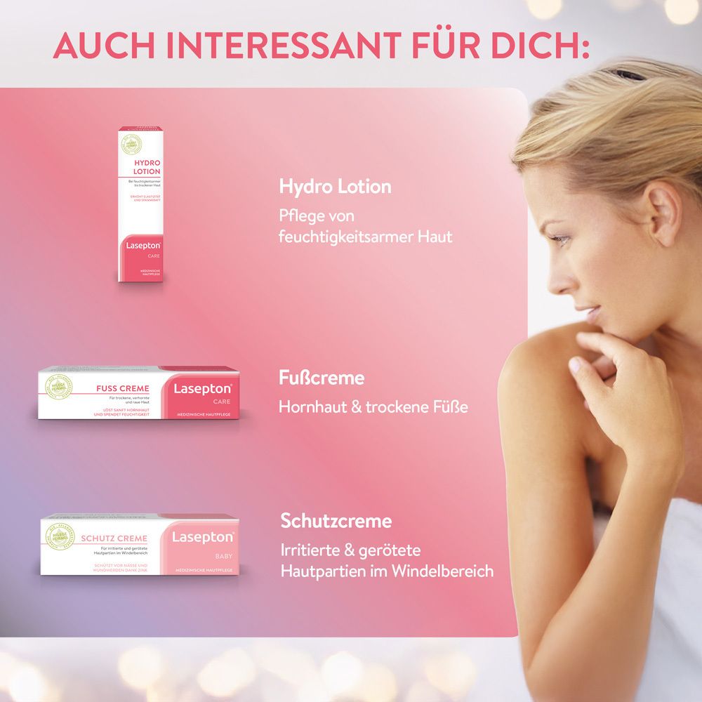 Vergleich von Lasepton® Hydro Lotion, Fußcreme und Schutzcreme.
