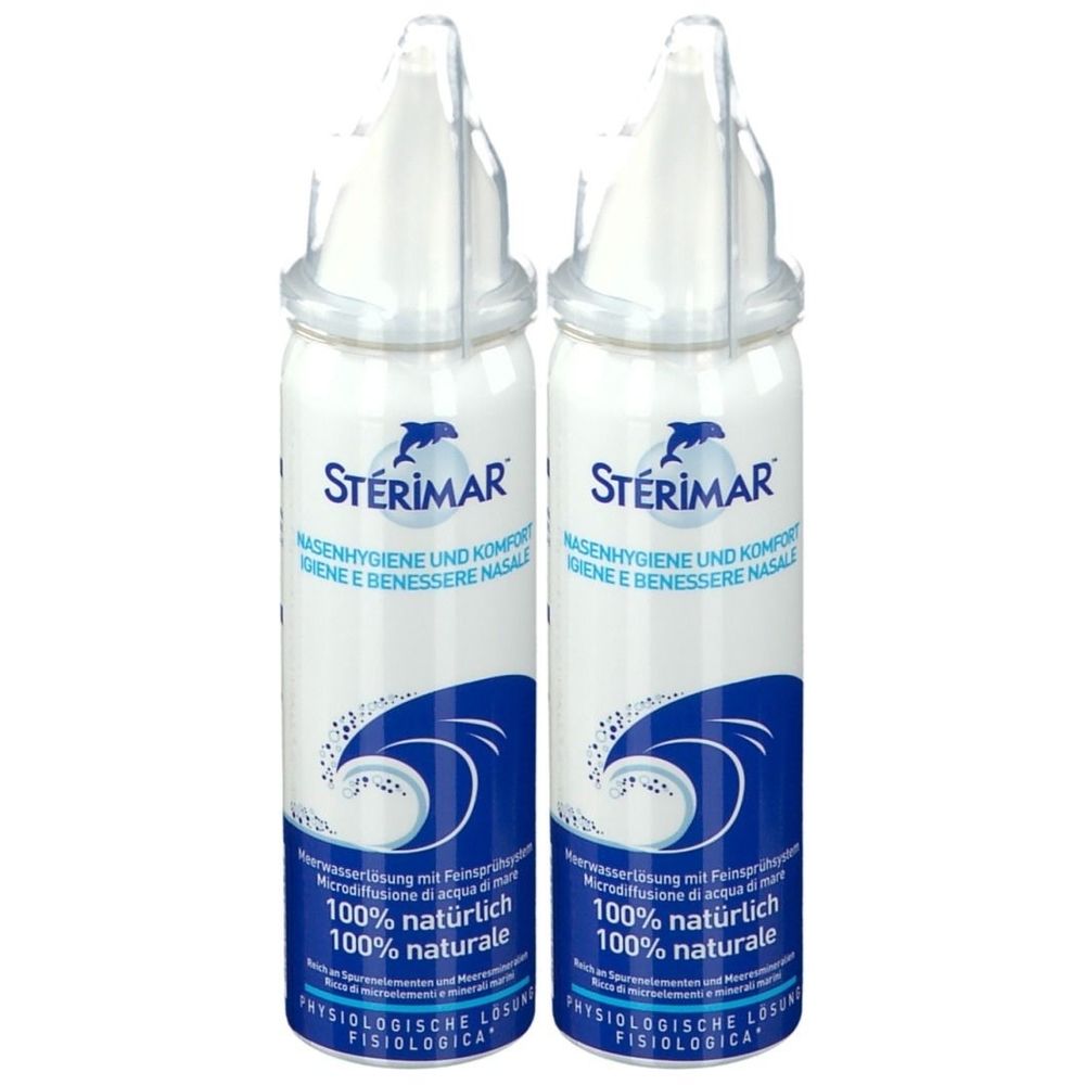 Zwei weiße Sprühflaschen mit blauer und grüner Beschriftung. Aufschrift: Sterimar, Nasenhygiene. 100% natürlich. Physiologische Lösung.