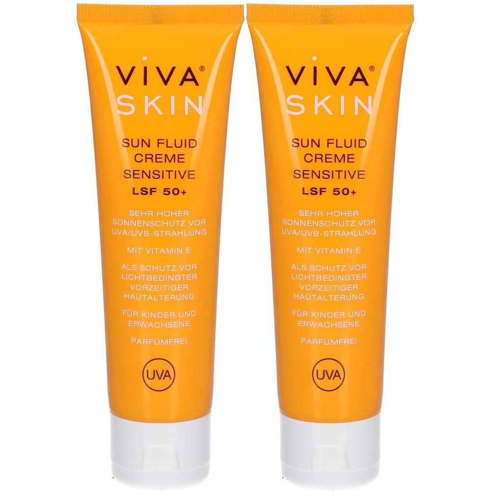 Zwei Tuben VIVASKIN® Sun Fluid Creme Sensitive LSF 50+. Orangefarbene Tuben mit weißer Schrift. UVA-Siegel.