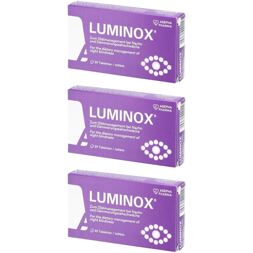 Drei Packungen LUMINOX. Lila Schachteln mit weißer Schrift und Augen-Symbol. Enthält 30 Tabletten. Aufschrift: Zum Diätmanagement bei Nacht- und Dämmerungsschwäche.