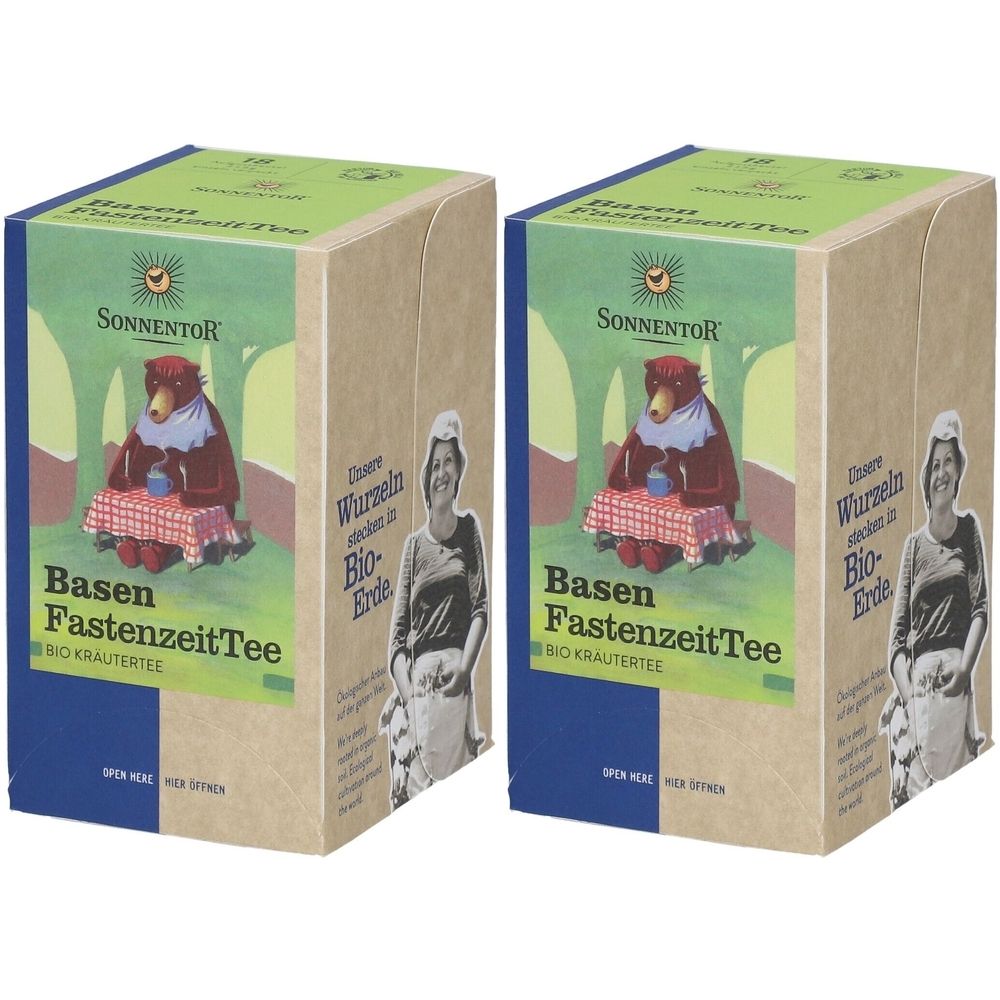 Zwei Kartons Basen Fastenzeit Tee. Aufdruck: SonnentoR, Bär am Tisch, Schriftzug.