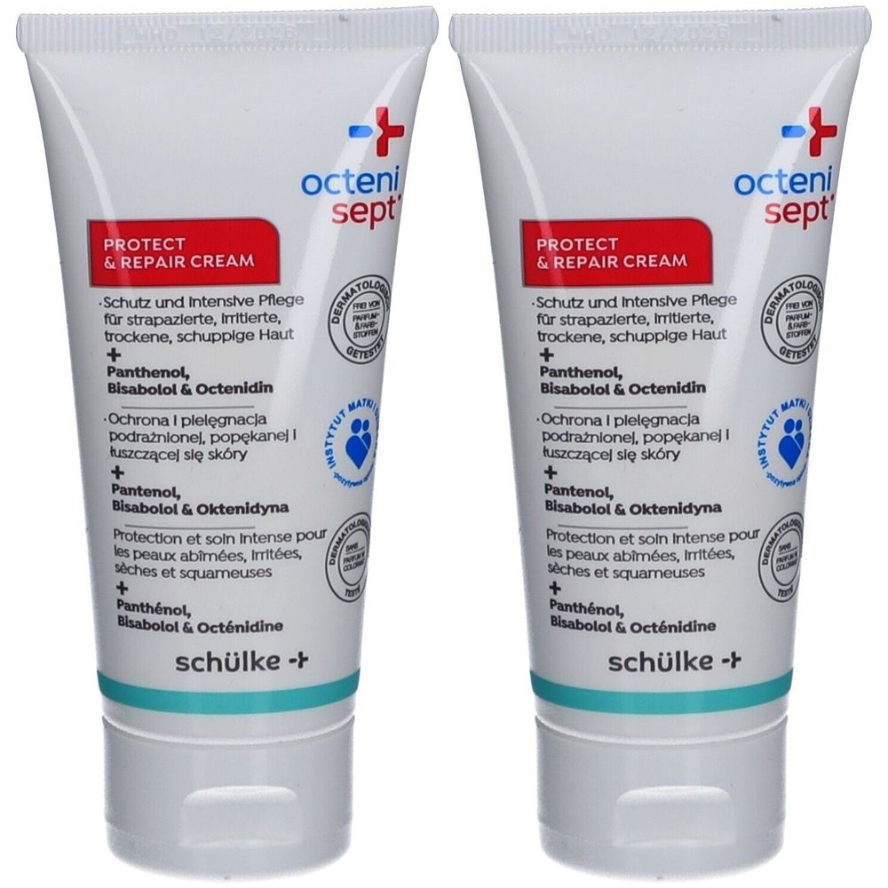 Zwei Tuben octenisept® protect & repair cream. Weiße Tuben mit blauer und roter Schrift. Aufschrift: PROTECT & REPAIR CREAM.
