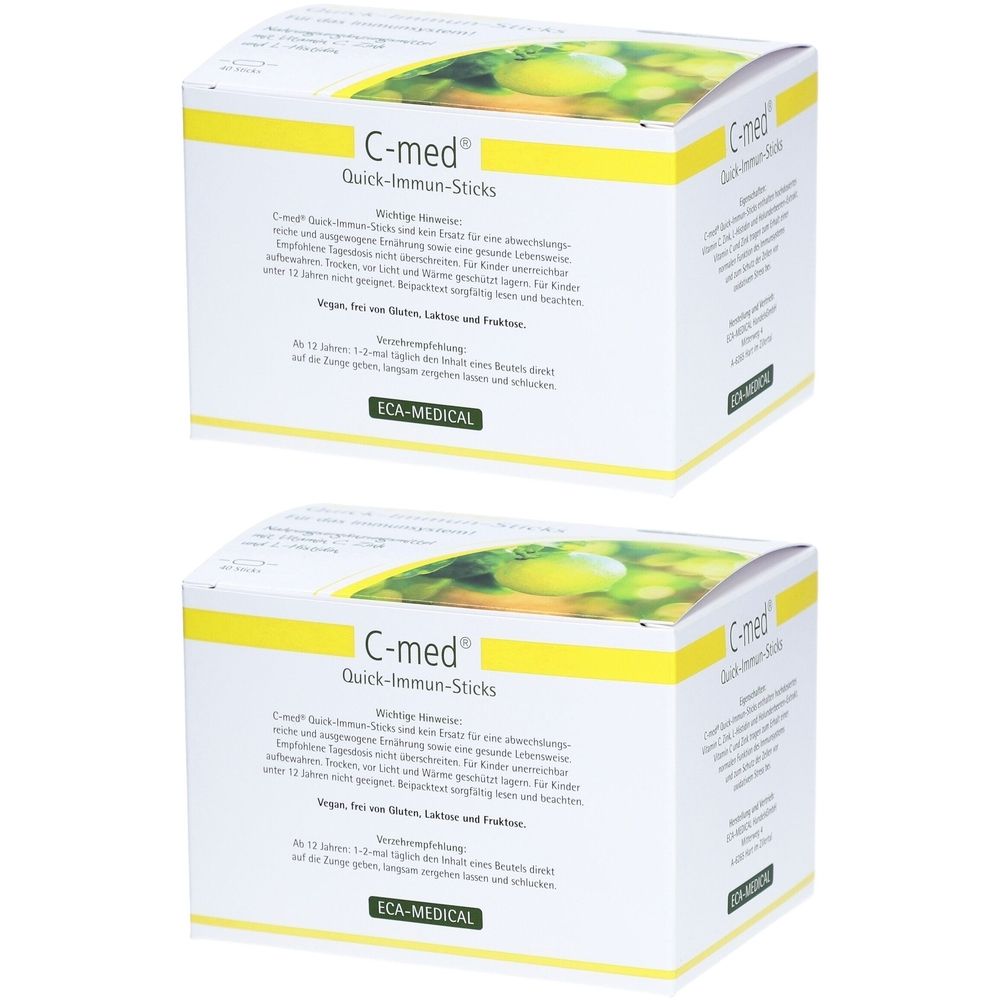 Zwei weiße Kartons mit gelben Akzenten. Aufschrift: C-med Quick-Immun-Sticks. Logo: ECA-MEDICAL.