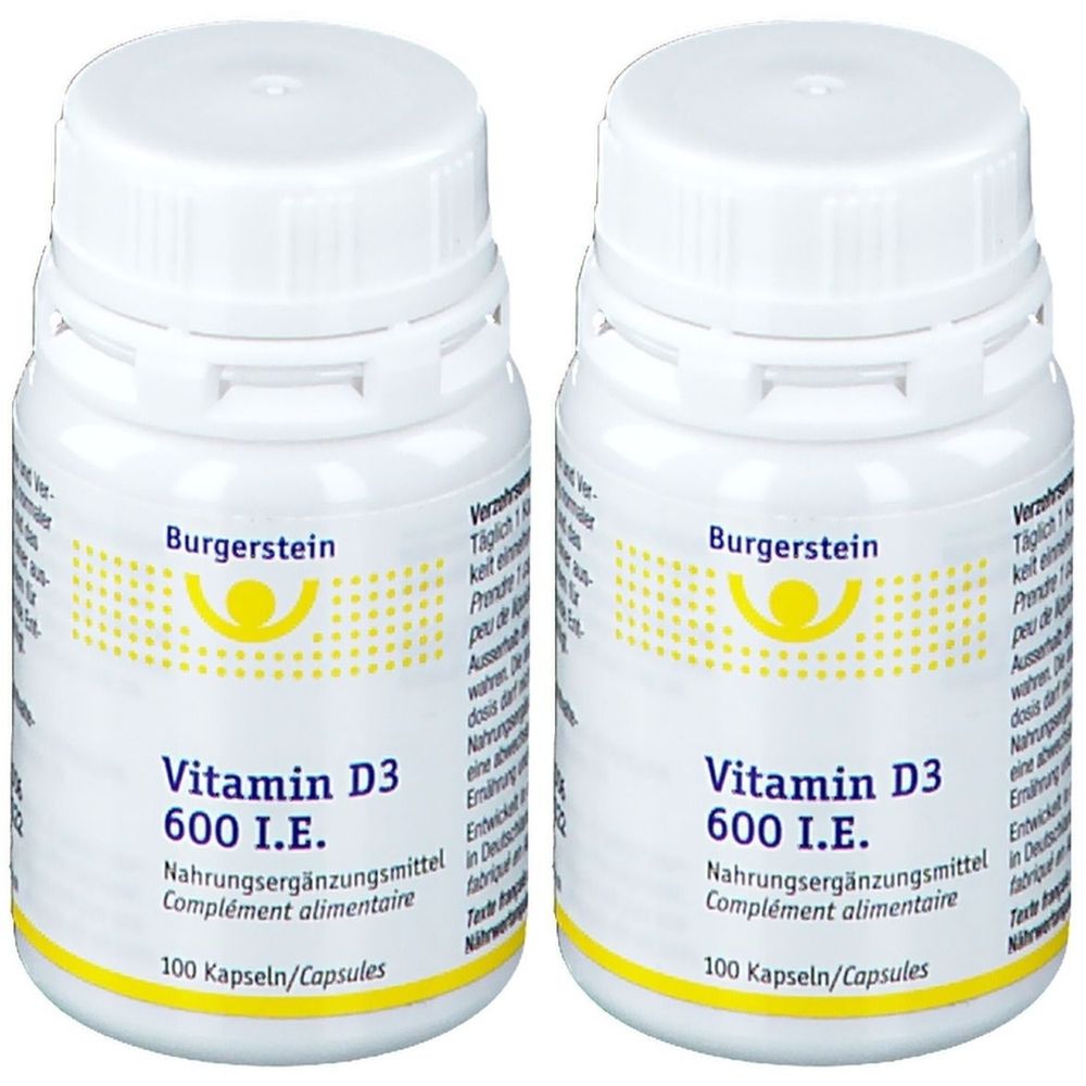 Zwei weiße Flaschen mit Schraubverschluss. Aufschrift: Burgerstein, Vitamin D3 600 I.E., Nahrungsergänzungsmittel, 100 Kapseln.