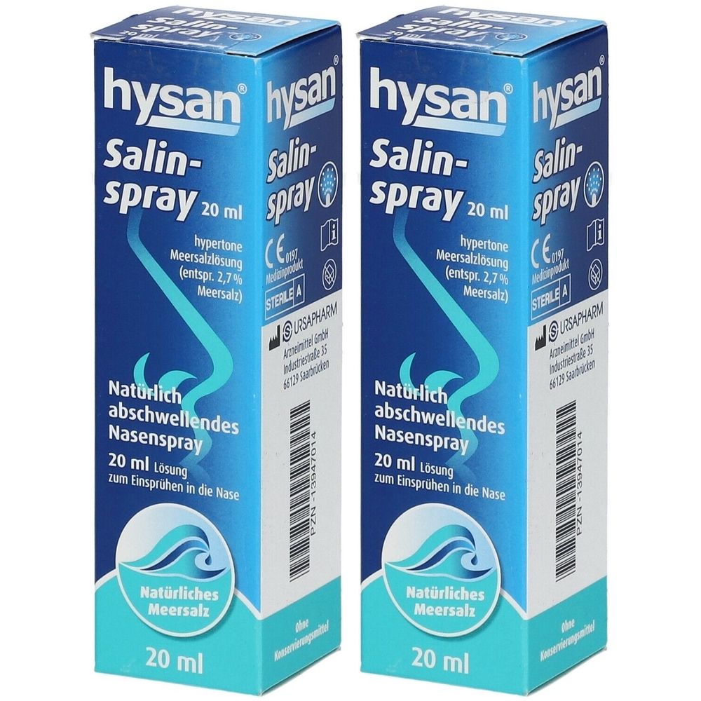 Zwei rechteckige Kartons mit Produktaufdruck. Aufschrift: hysan Salinspray, 20 ml, hypertone Meersalzlösung. Natürliches Meersalz.