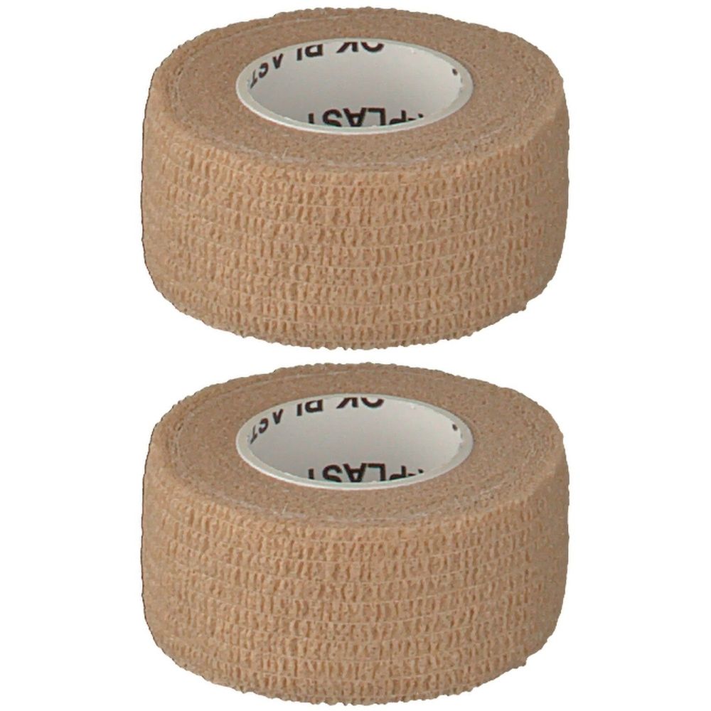 Zwei Rollen beige farbenes Verbandsmaterial. Auf der Innenseite ist der Schriftzug "PLAST" zu sehen.