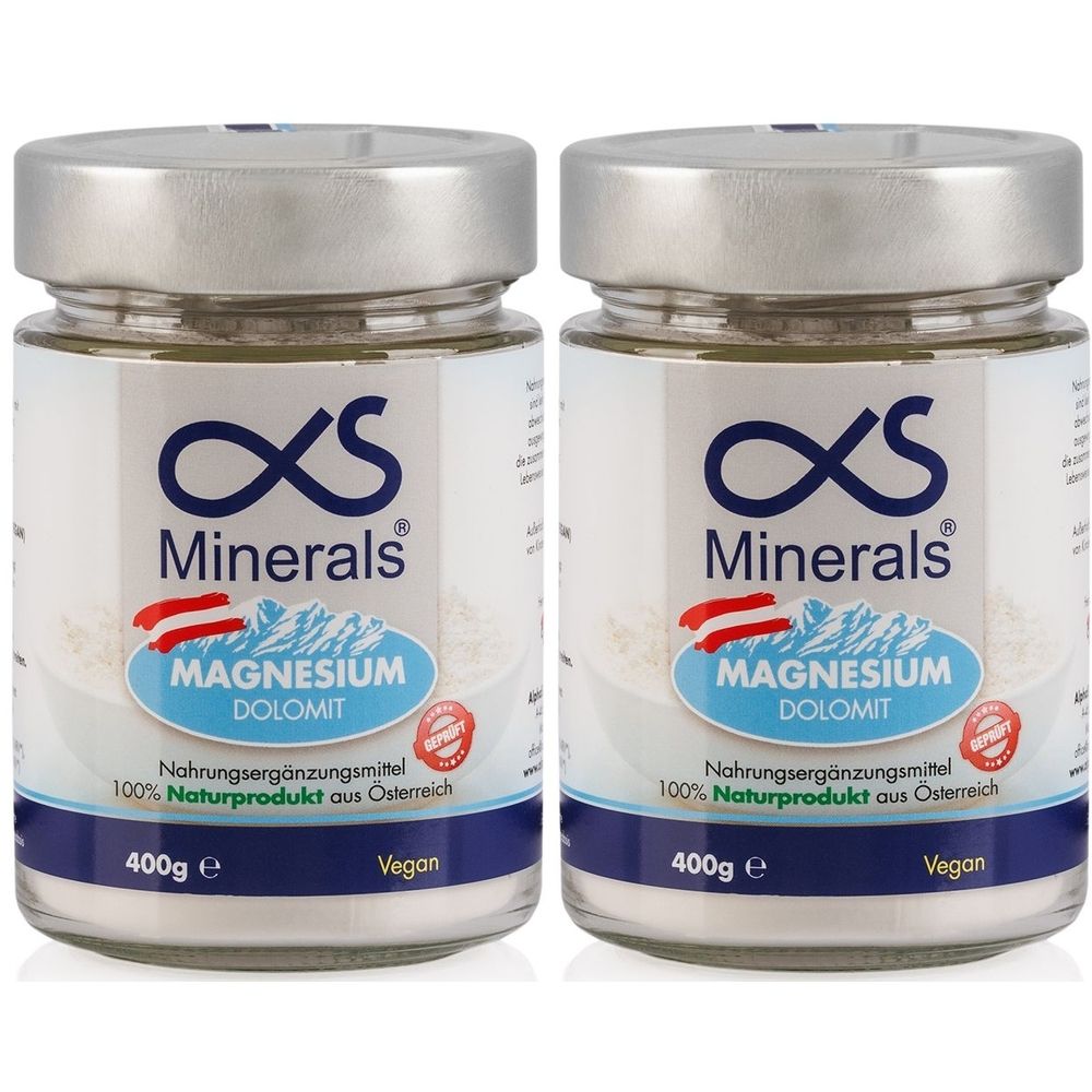 Zwei Gläser AlphaS Minerals Magnesium Dolomit. Aufschrift: Nahrungsergänzungsmittel, 100% Naturprodukt aus Österreich, 400g, Vegan.