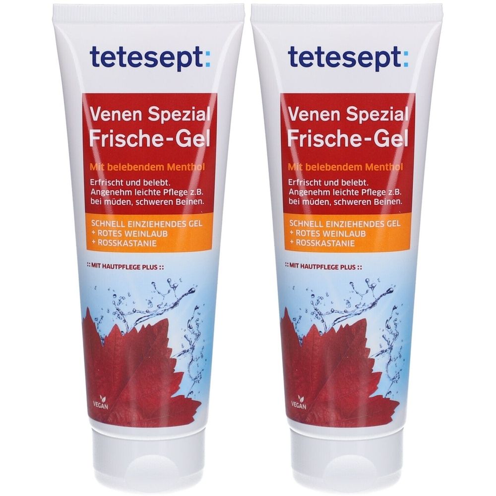 Zwei Tuben tetesept Venen Spezial Frische-Gel. Weiße Tuben mit rotem Etikett und Produktnamen. Enthält Weinlaub und Rosskastanie.