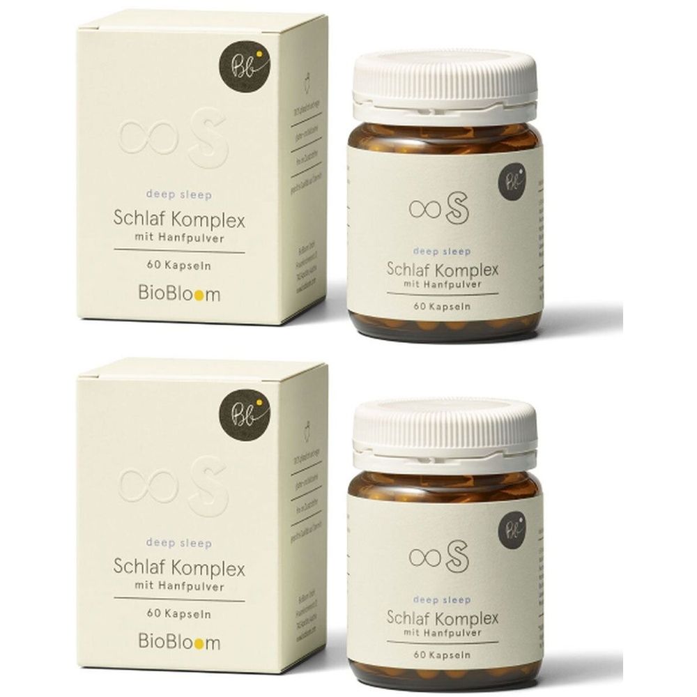 Zwei Schachteln und zwei braune Glasflaschen mit weißen Deckeln. Aufschrift: Schlaf Komplex mit Hanfpulver, 60 Kapseln. Marke: BioBloom.