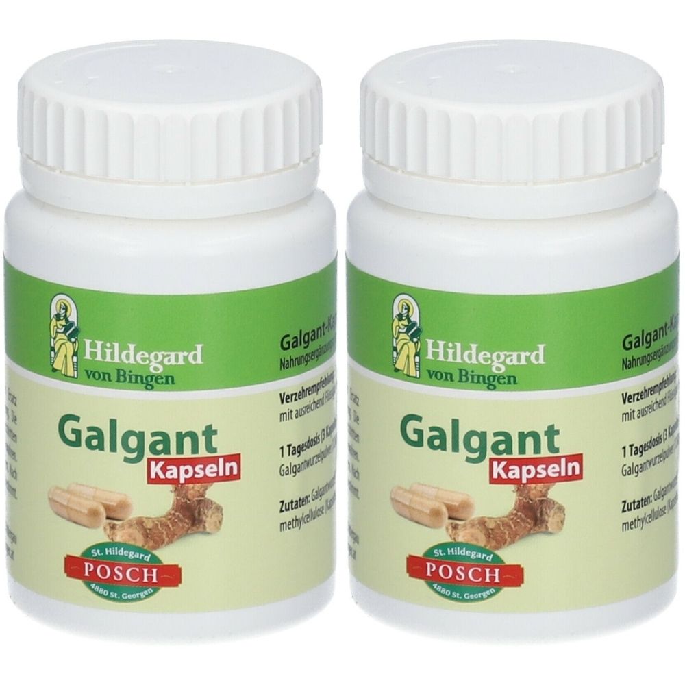 Zwei weiße Flaschen mit Schraubverschluss. Aufschrift: Galgant Kapseln, Hildegard von Bingen, POSCH. Abbildung von Ingwer und Kapseln.