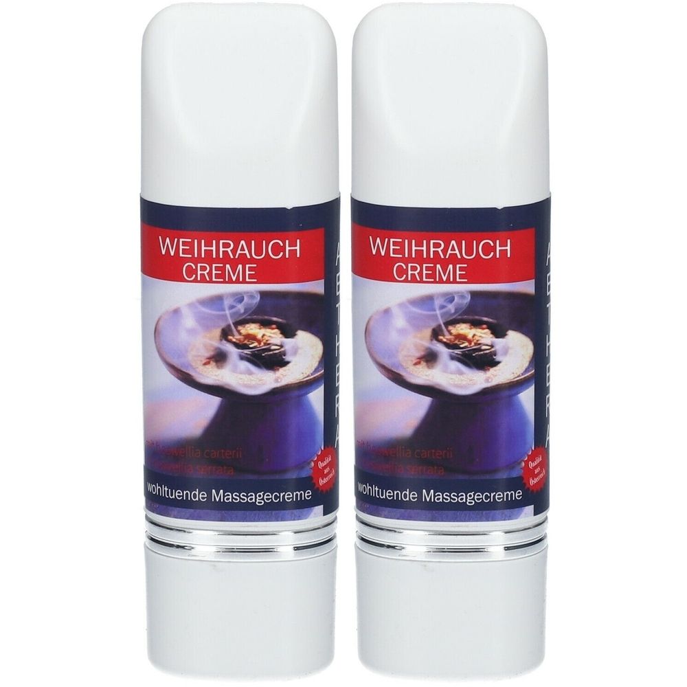 Zwei weiße Tuben mit rotem Etikett. Aufschrift: WEIHRAUCH CREME. Abbildung eines Räuchergefäßes. Silberfarbener Ring am unteren Ende.