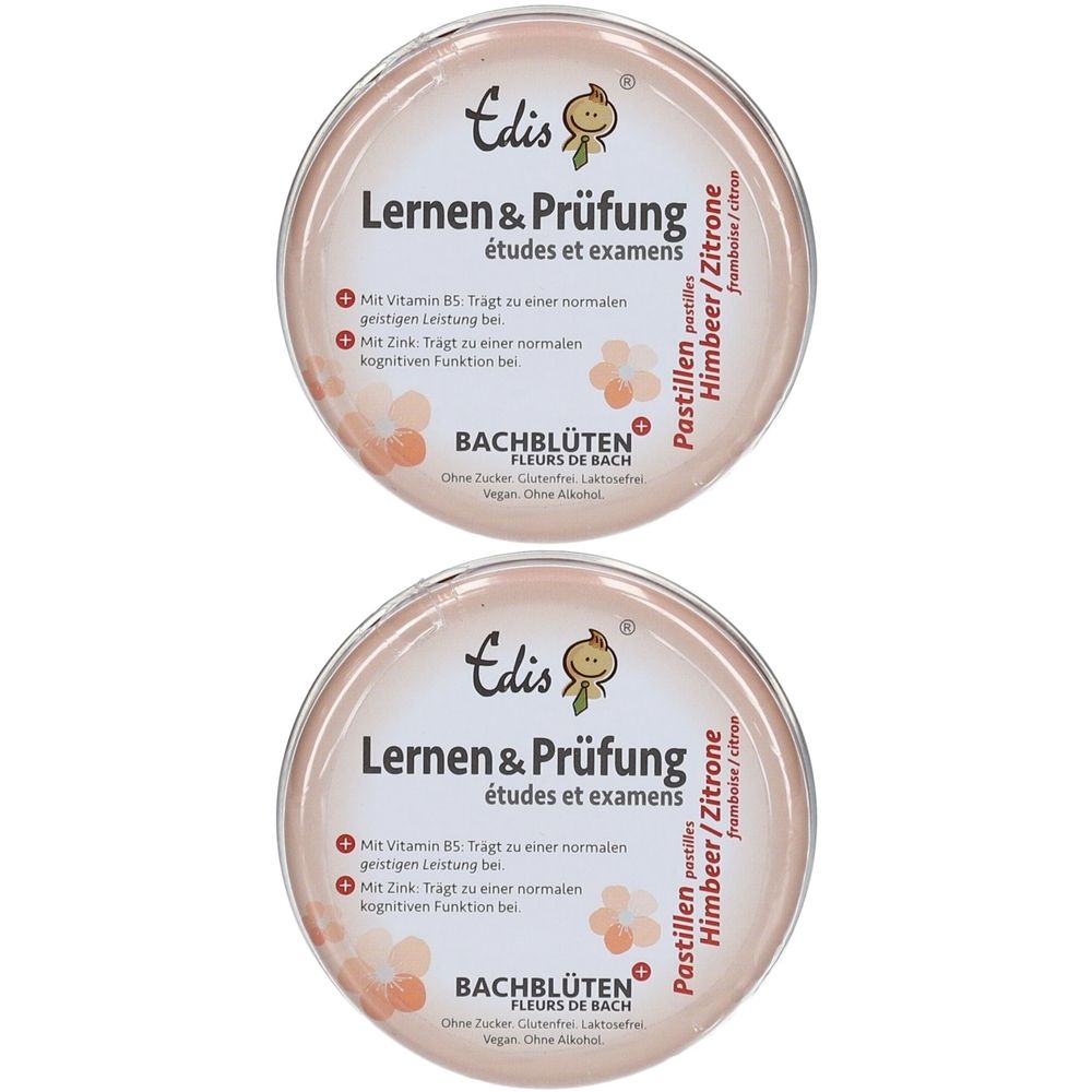 Zwei runde Dosen mit Aufschrift 'Edis Lernen & Prüfung'. Enthält Pastillen Himbeer/Zitrone. Mit Bachblüten.