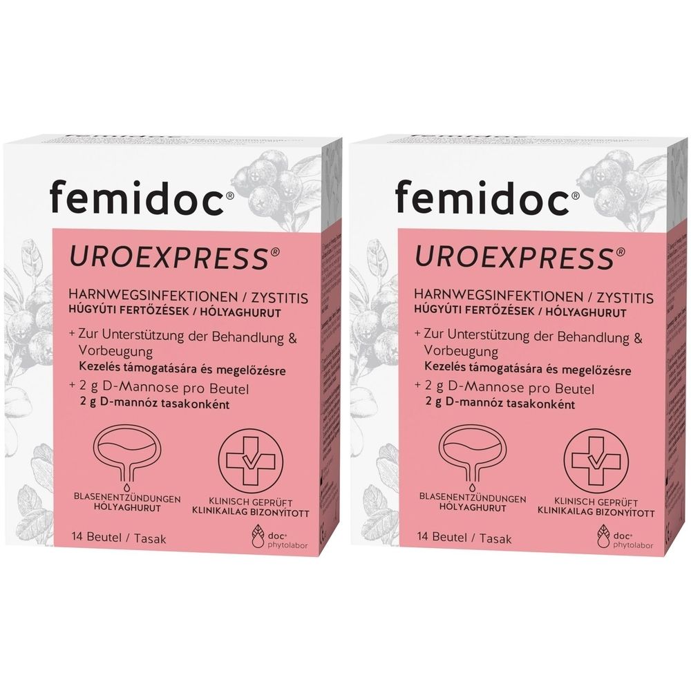 Zwei Packungen femidoc UROEXPRESS. Weiße Schachteln mit rosa Elementen und Produktinformationen. Klinisch geprüft.