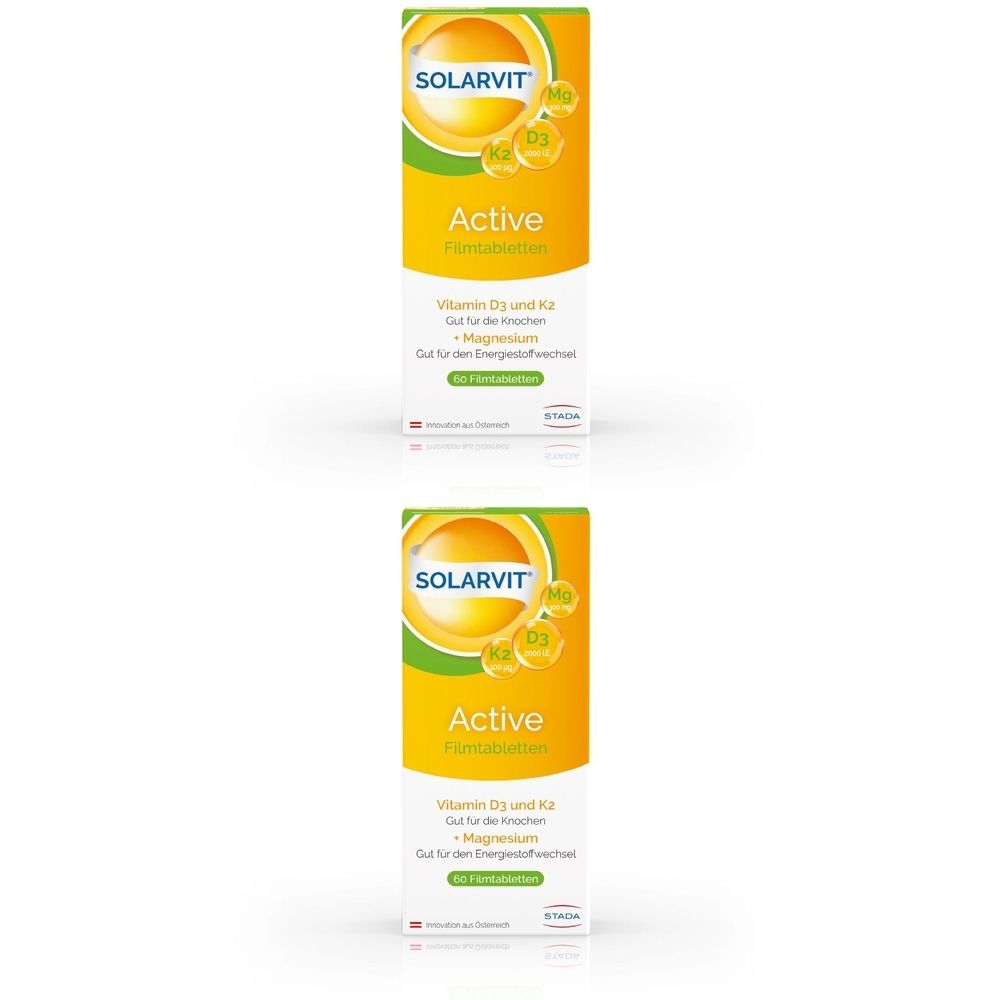 Zwei Solarvit Active Filmtabletten-Verpackungen. Gelb-grüne Schachteln mit Produktnamen und Inhaltsangaben. STADA-Logo.