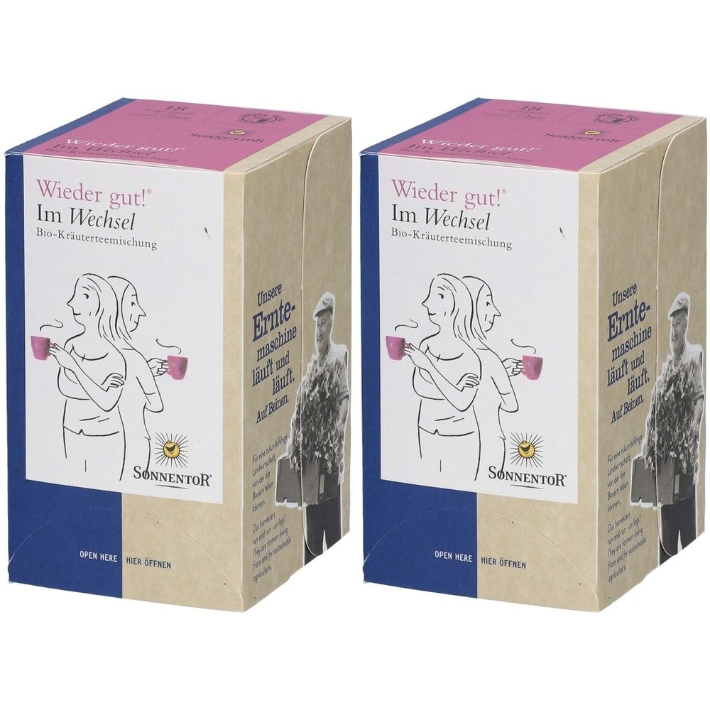 Zwei rechteckige Kartons mit Aufdruck. Aufschrift: Wieder gut! Im Wechsel. Illustration von zwei Frauen mit Tassen. Marke: SonnentoR.