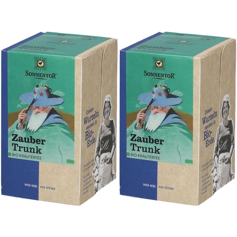 Zwei Kartonverpackungen mit dem Aufdruck "Zauber Trunk Bio Kräutertee". Aufdrucke: SonnentoR Logo, Abbildung eines Zauberers, Schriftzug.