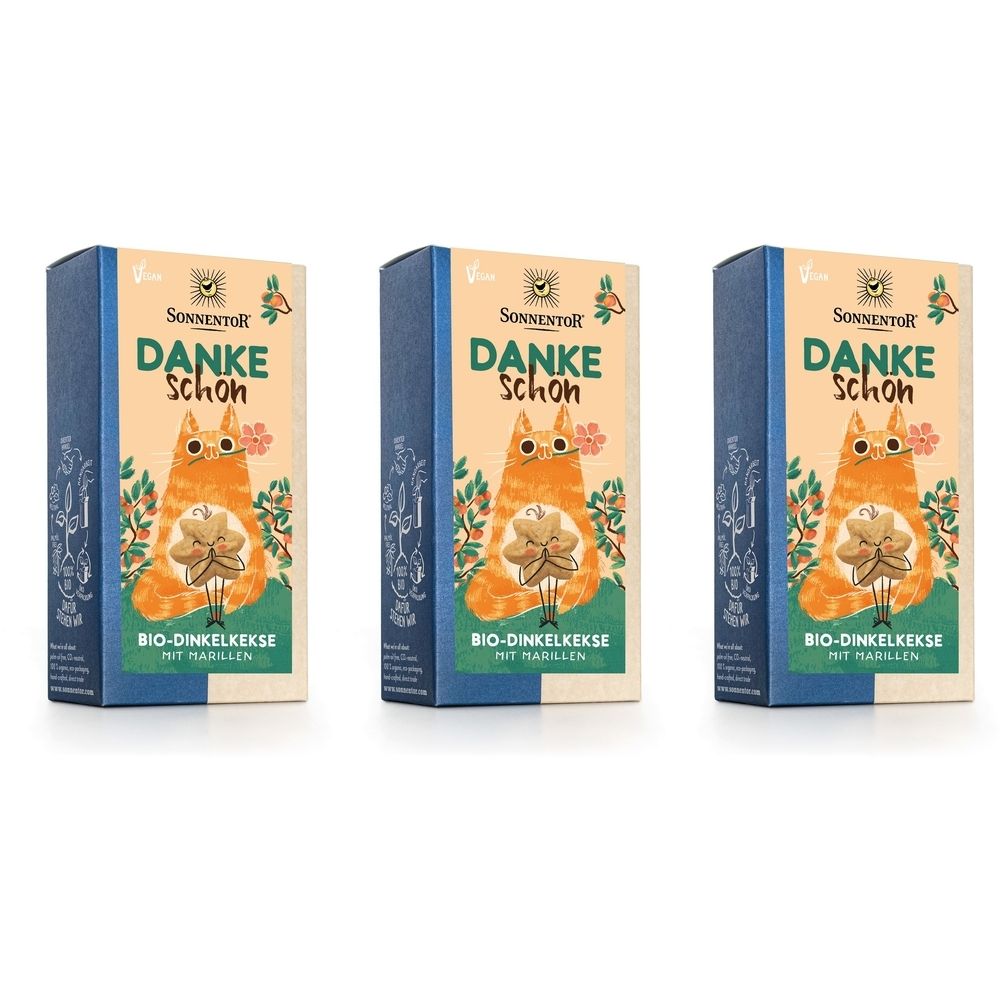 Drei Schachteln mit Keksen. Aufdruck: "DANKE SCHÖN" und eine Katze. Marke: SonnentoR. Text: BIO-DINKELKEKSE MIT MARILLEN.