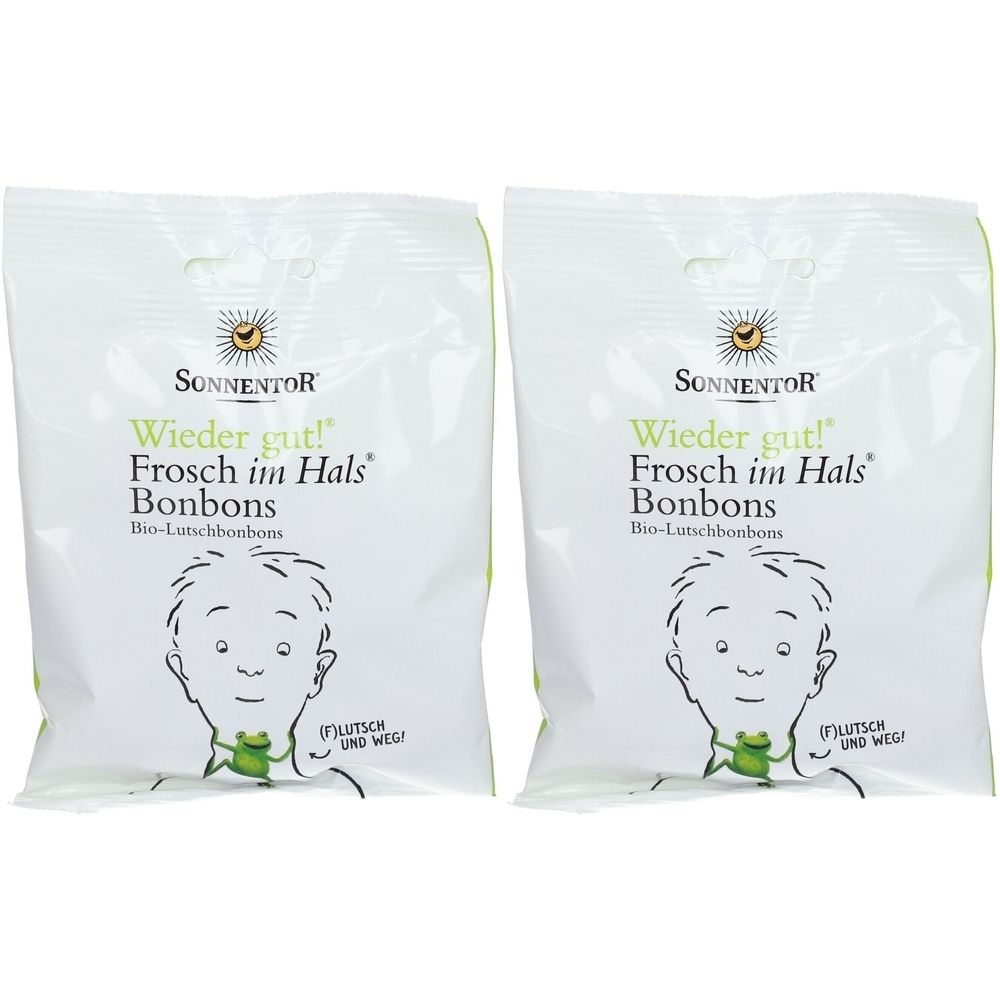 Zwei Beutel SonnentoR Frosch im Hals Bonbons. Weiße Verpackung mit Logo, Produktname und Illustration eines Kindes mit Frosch.