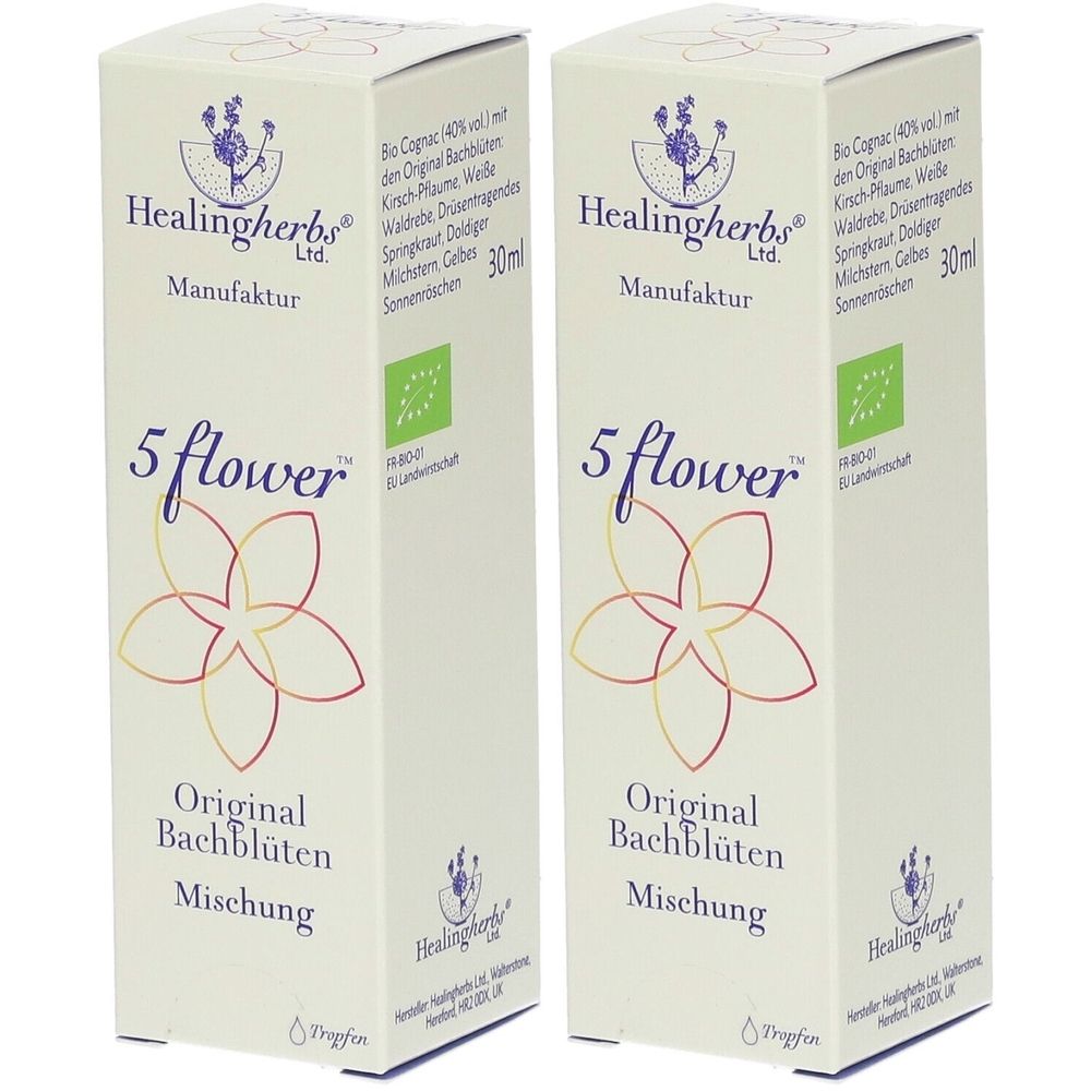 Zwei rechteckige Kartons mit Produktinformationen. Aufschrift: Healingherbs, 5 flower, Original Bachblüten Mischung. Bio-Siegel.