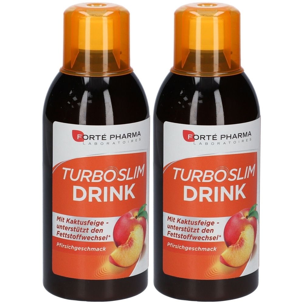 Zwei Flaschen TURBOSLIM Drink. Schwarze Flaschen mit orangefarbenen Deckeln. Etikett mit Produktnamen, Pfirsich-Illustration und Text.