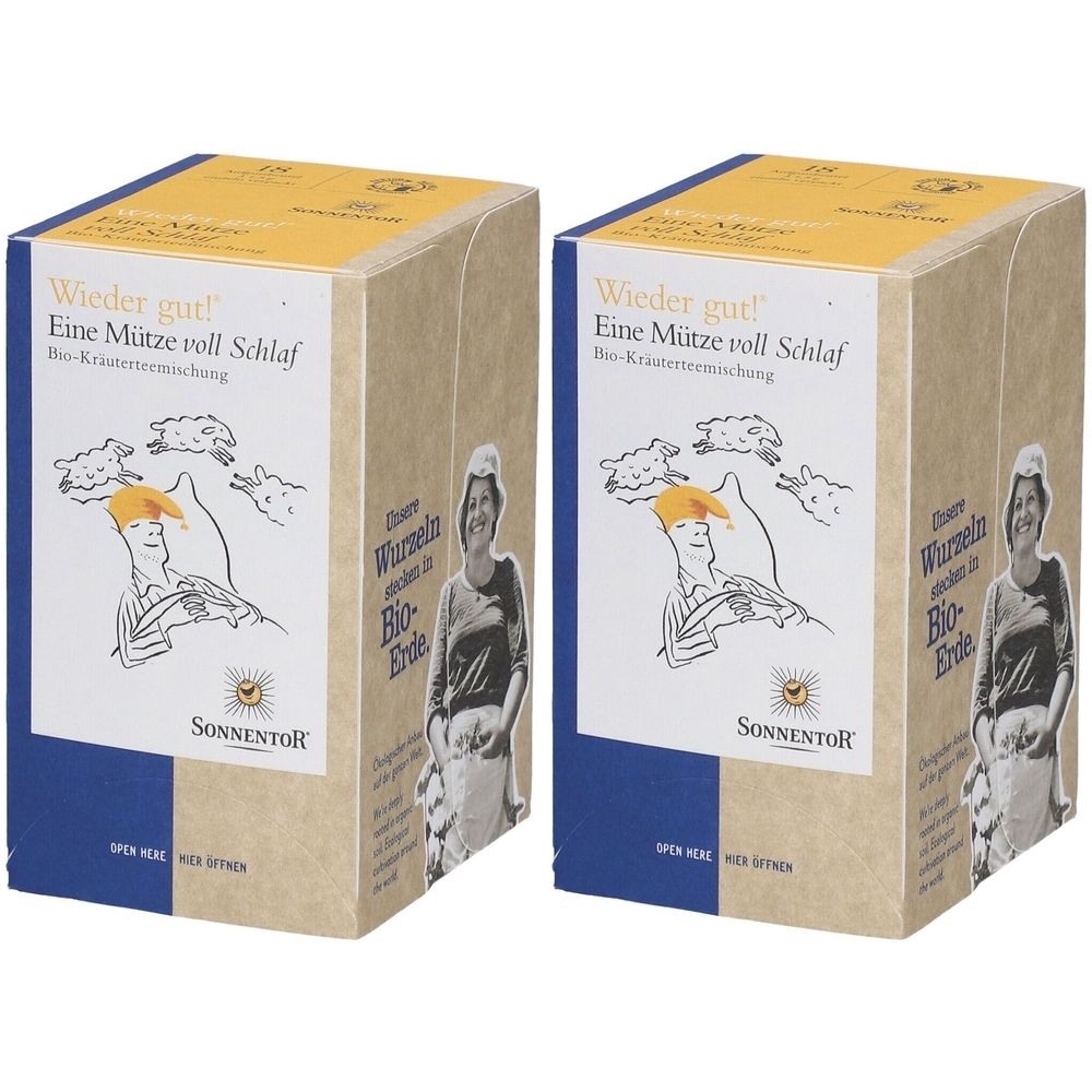 Zwei rechteckige Kartons mit Produktaufdruck. Aufschrift: Wieder gut! Eine Mütze voll Schlaf. Marke: SONNENTOR. Bio-Kräutermischung.