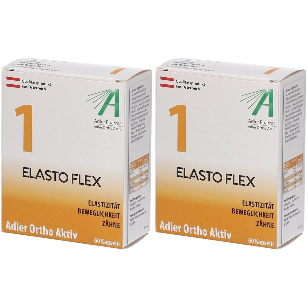 Zwei Schachteln mit "1" und "ELASTO FLEX" Aufschrift. Marke: Adler Ortho Aktiv. Enthält 60 Kapseln. Österreichisches Qualitätsprodukt.