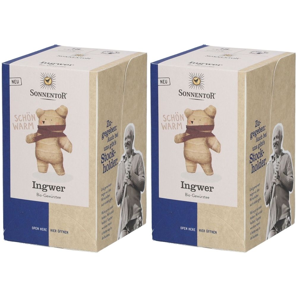 Zwei rechteckige Kartons mit blauem Rand. Aufschrift: SonnentoR Ingwer. Abbildung eines Bären mit Schal. Aufschrift: Schön warm.