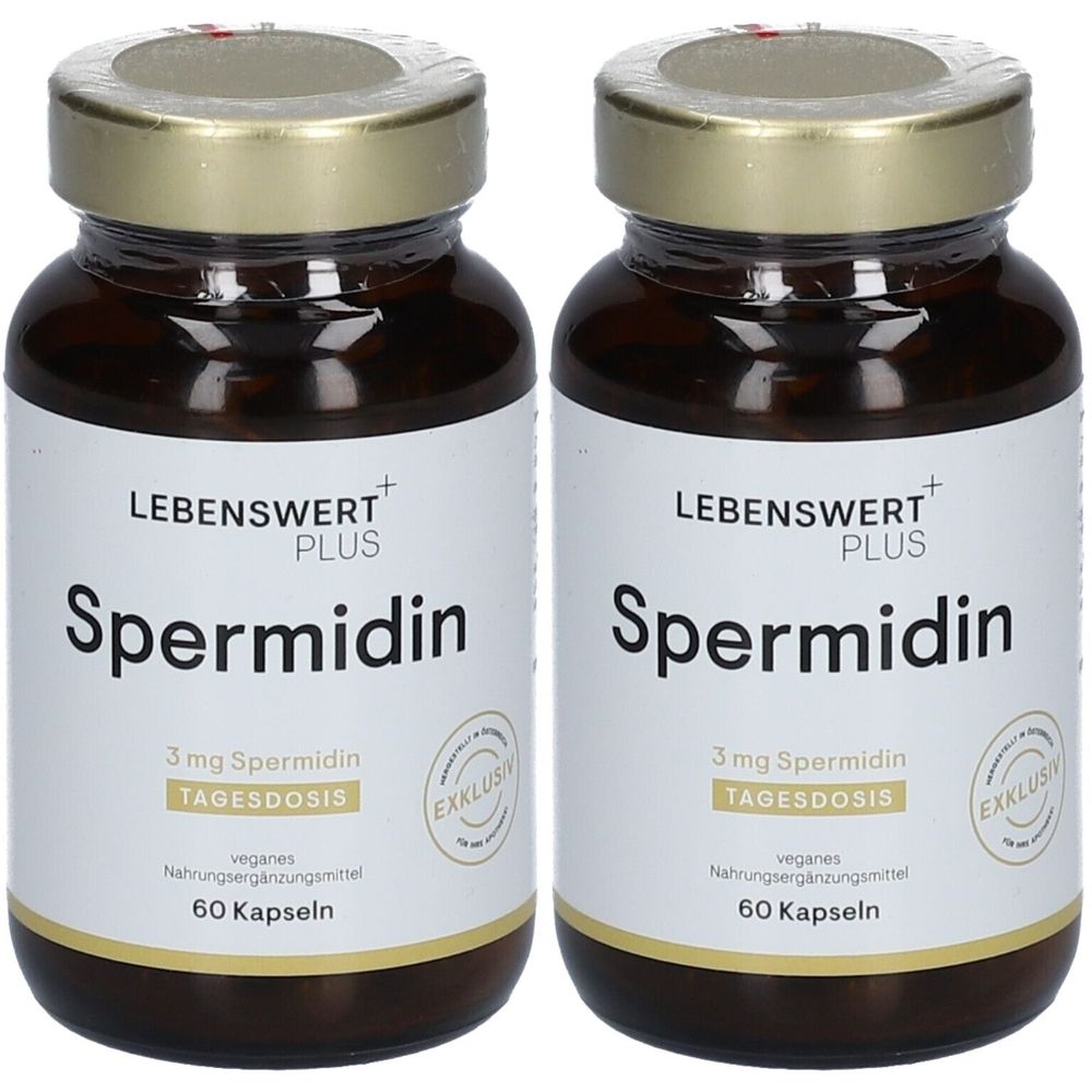 Zwei Flaschen LEBENSWERT+ PLUS Spermidin. Braune Glasflaschen mit goldenen Deckeln und weißen Etiketten. Aufschrift: Spermidin, 3 mg Tagesdosis, 60 Kapseln.